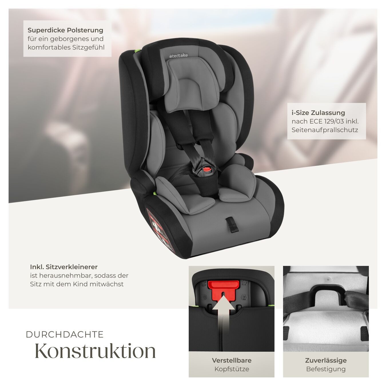 tectake Autokindersitz Sicherheitssitz, 76–150 cm, Belastbarkeit 36 kg, (Autositz für Kinder Sophie), i-Size, Seitenaufprallschutz, Sitzverkleinerer