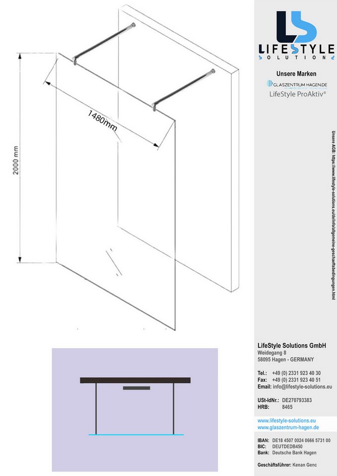 Thumbnail - Glaszentrum Hagen Walk-in-Dusche Glaszentrum Hagen "Jade" 148x200cm 10mm Freistehende Walk in Duschwand