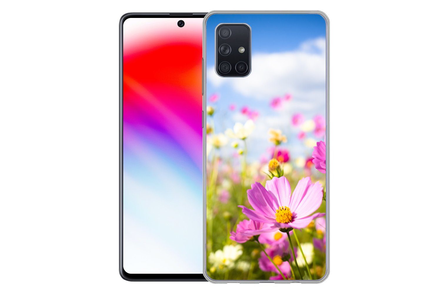 MuchoWow Handyhülle für Samsung Galaxy A71 Blumen - Wiese - Lila - Gras - Weiß - Wolken -, Phone Case, Silikon, Schutzhülle Dünn