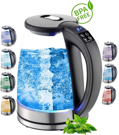 ecosa Wasserkocher EO-610, 1,8 l, 2200 W, Glaswasserkocher, mit Temperatureinstellung, LED-Beleuchtung, Edelstahl, BPA-frei, Farbwechsel