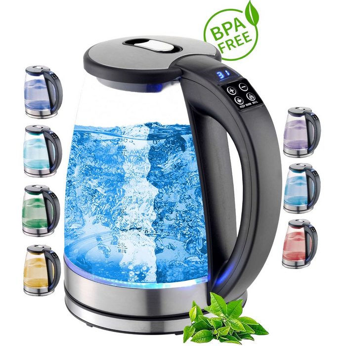 ecosa Wasserkocher EO-610 1 8 l 2200 W Glaswasserkocher mit Temperatureinstellung LED-Beleuchtung Edelstahl BPA-frei Farbwechsel