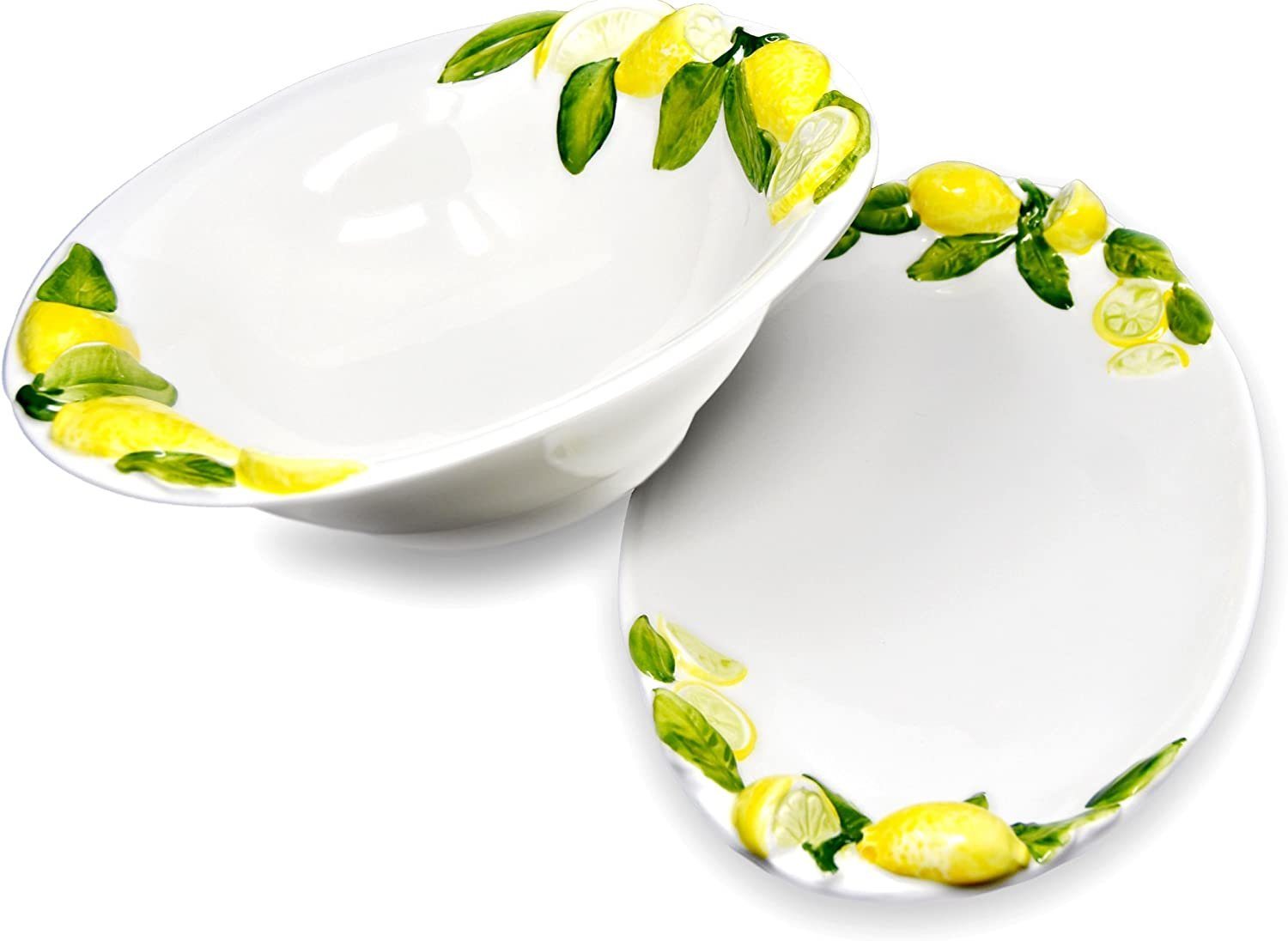 Lashuma Kombiservice Zitrone (2-tlg), Keramik, Salatschüssel rund Ø 26 cm und ovaler Obstteller 34x19 cm