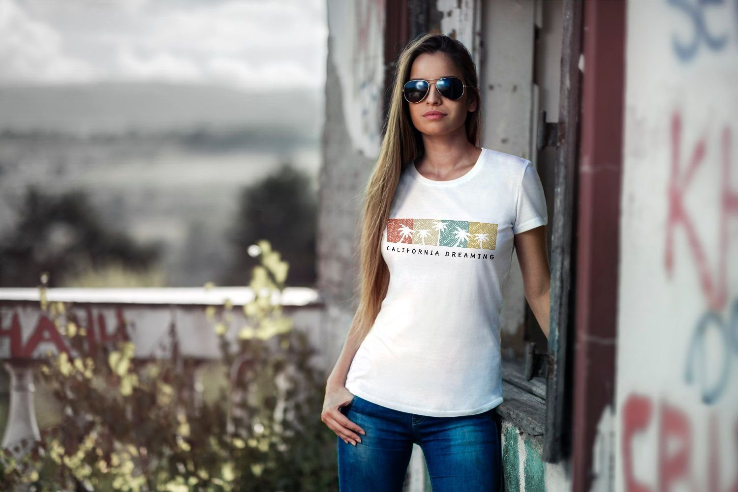 Neverless Print-Shirt Damen T-Shirt California Dreaming Summer Party Palmen Palms Retro mit Print