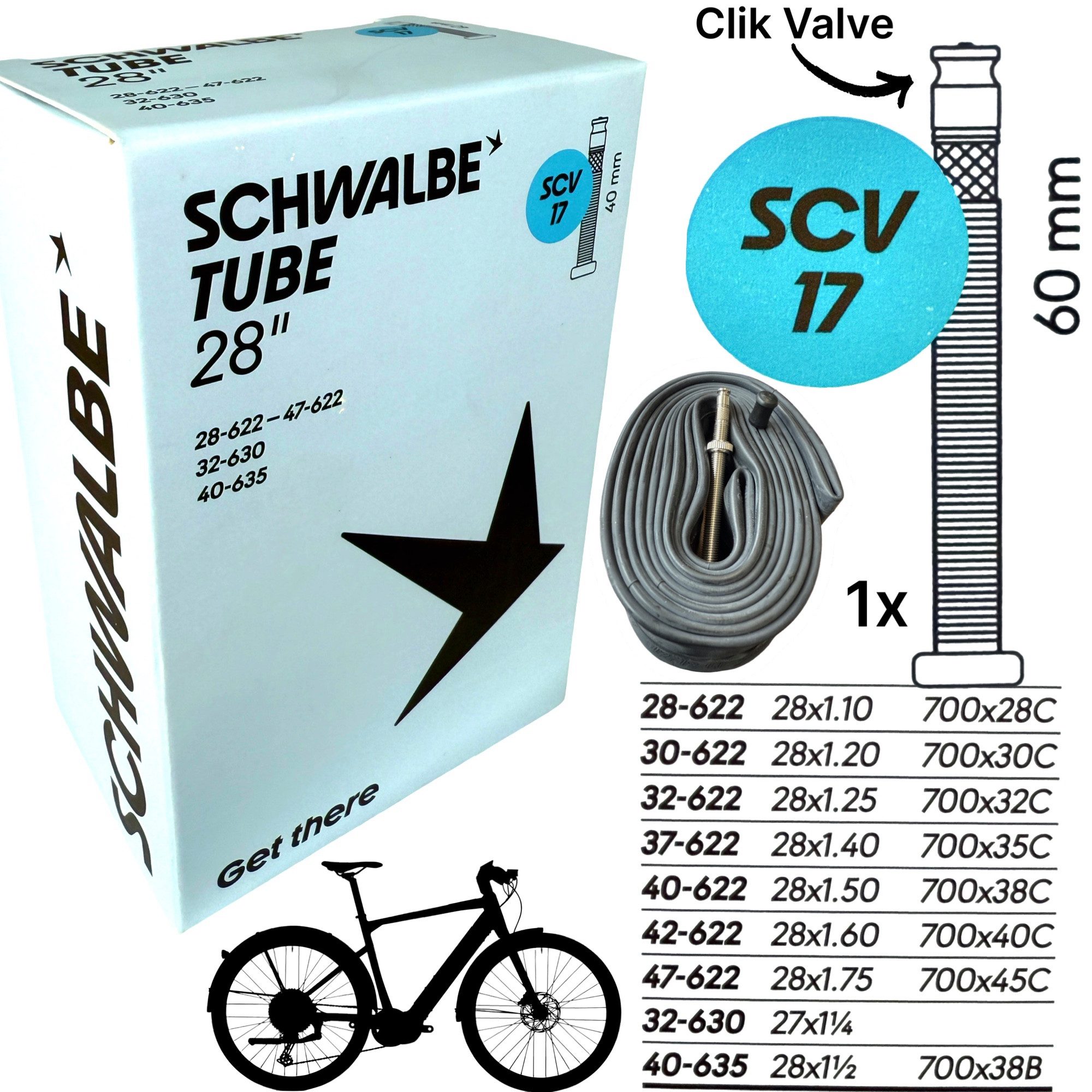 Fahrradschlauch Schwalbe City Fahrrad-Schlauch SCV 17 I 28" 1,1-1,75"Clik Ventil 60mm