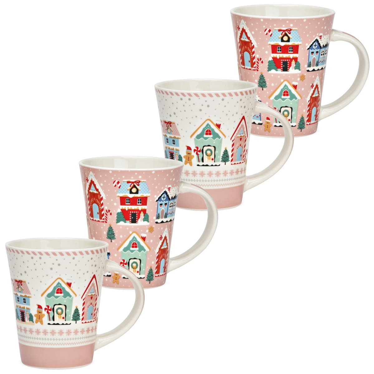 Tasse Weihnachtsdorf Weihnachts-Tassen 4er Set rosa bunt in 10 cm, 350 ml