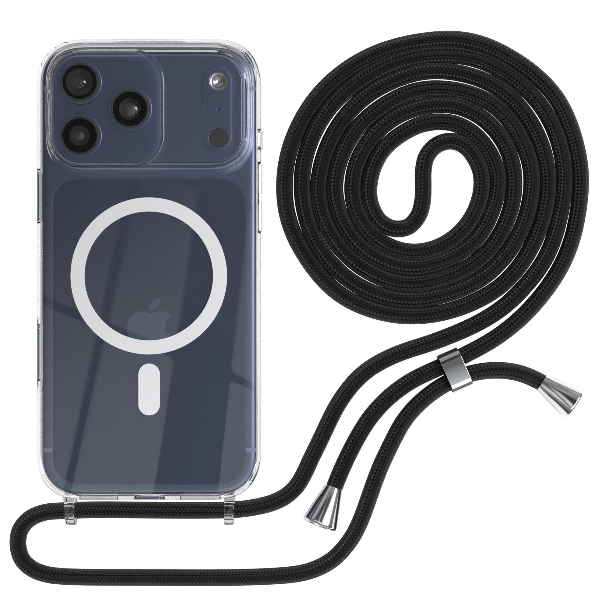 EAZY CASE Handykette mit Magsafe Hülle für Apple iPhone 17 Pro Max 6,9 Zoll, Handykordel Qi-Case Slimcover mit Umhängeband zum Umhängen in Schwarz