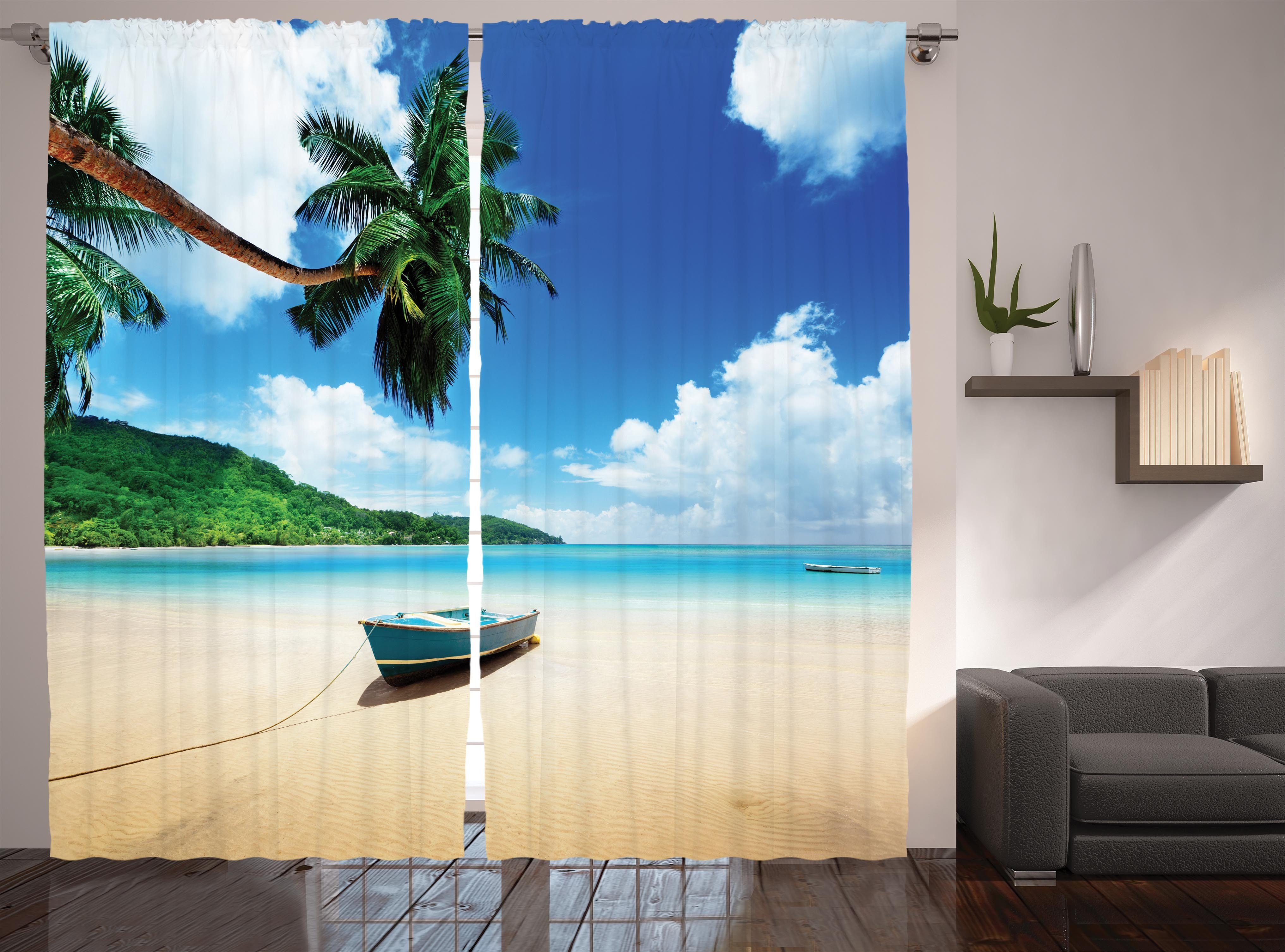 Gardine Schlafzimmer Kräuselband Vorhang mit Schlaufen und Haken, Abakuhaus, Ozean Boot am Strand in Insel Mahe