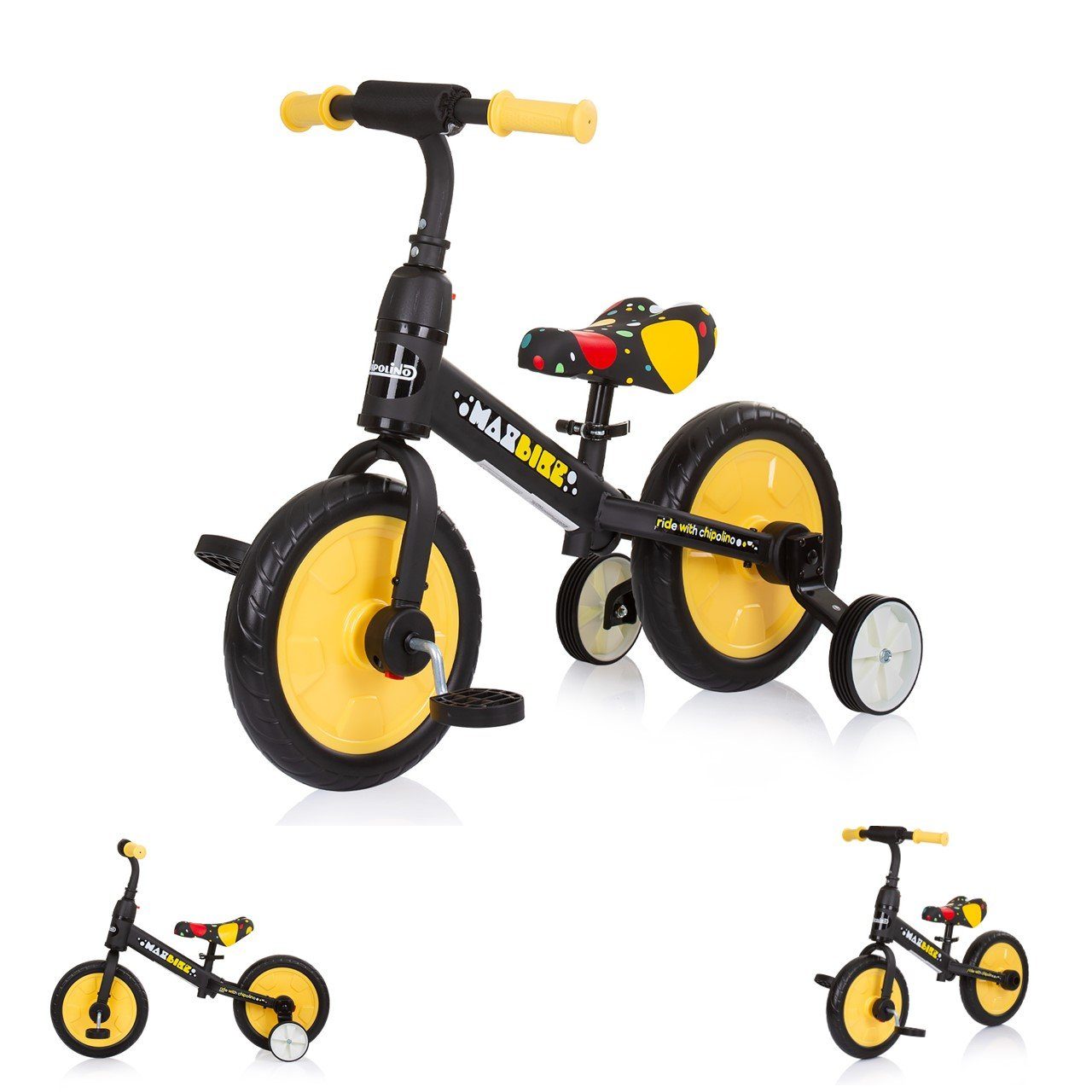 Chipolino Laufrad Dreirad, Laufrad 2 in 1 Max Bike 10 Zoll (25,40 cm) Zoll, 10 Zoll Räder, Pedale, Stützräder gelb Monster