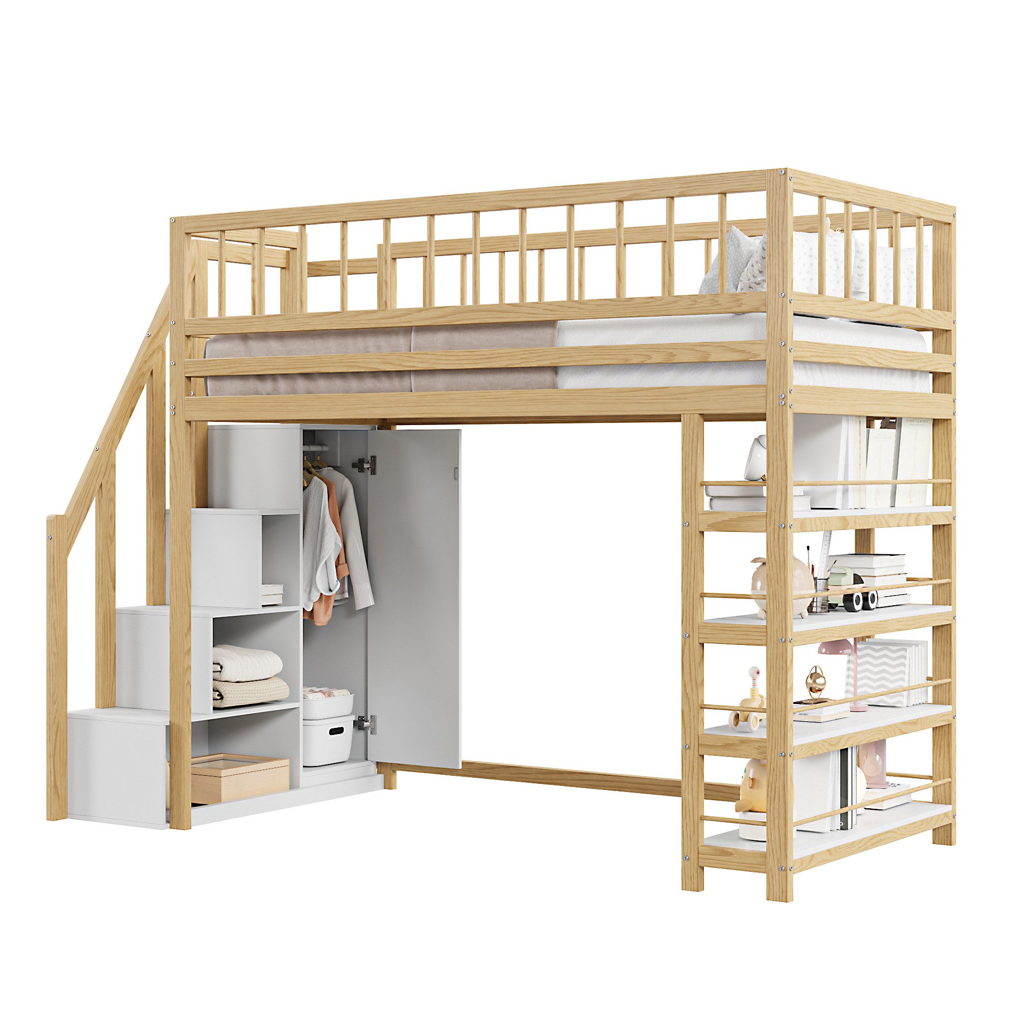 Odikalo Hochbett Kinderbett Jugendbett Kleiderschrank Regalen Stauraum90x20 günstig online kaufen
