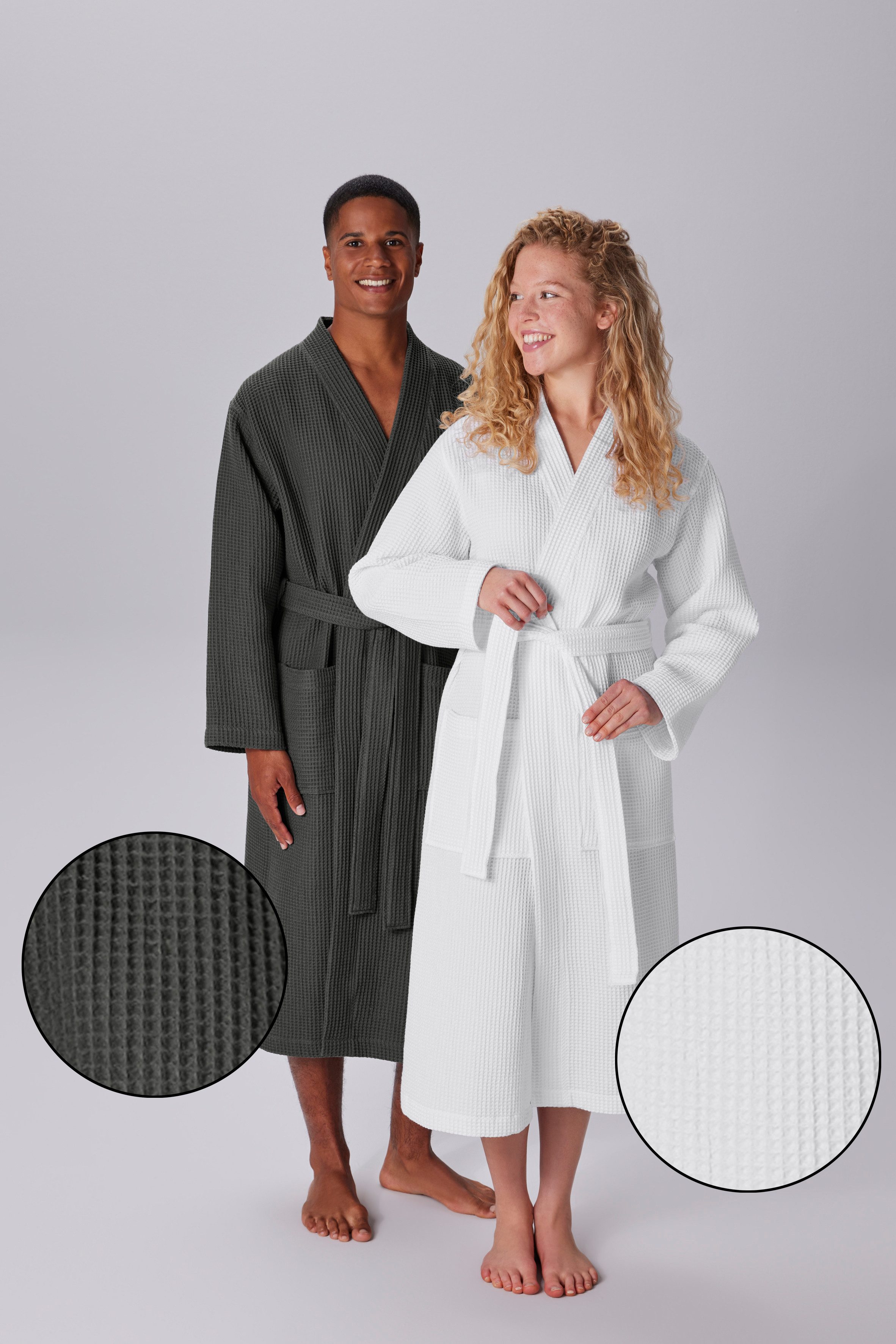 my home Unisex-Bademantel Inga, Waffelpiqué, ideal für Sauna & Spa, Hotelbademantel, Langform, Baumwolle, Kimono-Kragen, Gürtel, kleines Packmaß, Taschen, Damen & Herren, S-3XL, Morgenmantel