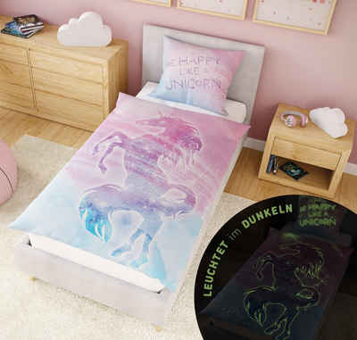 Kinderbettwäsche + 10 SPIELE Leuchtende Bettwäsche 135x200 Unicorn Bettwäsche Kinder, Carpe Sonno, Renforcé, 2 teilig, GLOW IN THE DARK Einhorn Bettwäsche Mädchen