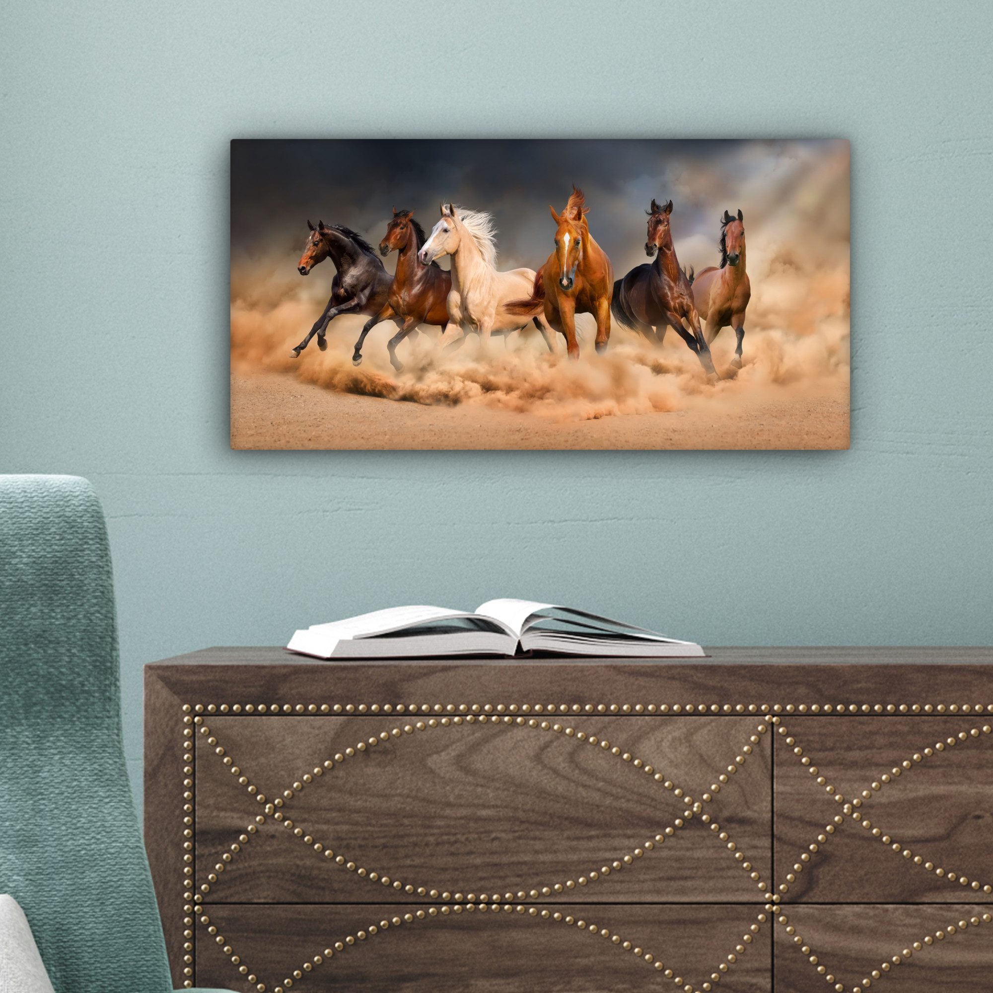 OneMillionCanvasses® Leinwandbild Panorama Pferde - Tiere - Sand - Stoff, Fotodruck (1 St), Wandbild, Deko Schlafzimmer Wohnzimmer Flur 40x20 cm – Bild 3 von 5