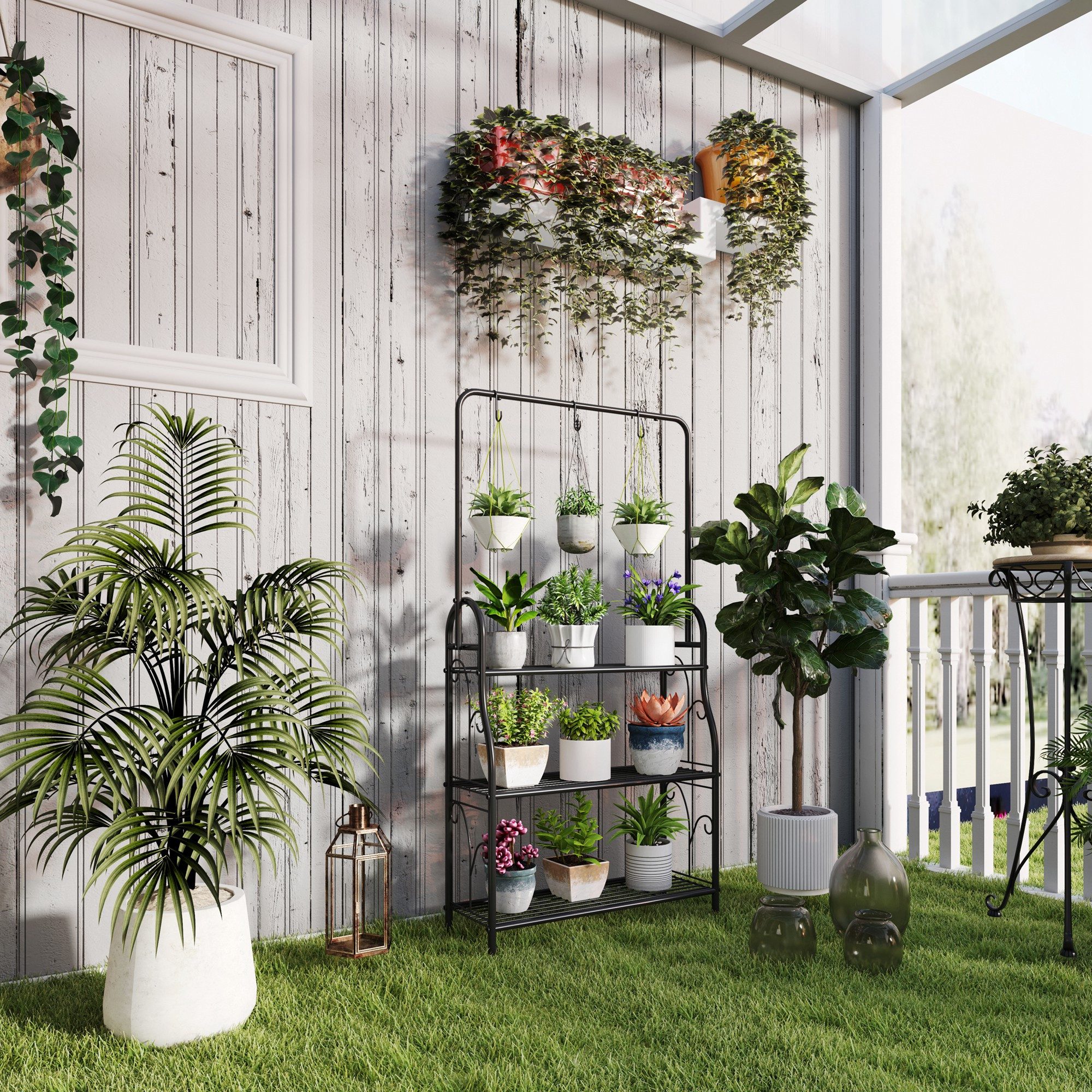 Outsunny Pflanzentreppe Pflanzenregal, Blumenregal, mit Hängestange, Haken, aus Metall (3-Etagen Pflanzenständer, 1 St., Blumenständer), 137cm hoch, für Wohnzimmer, Garten Balkon, Schwarz