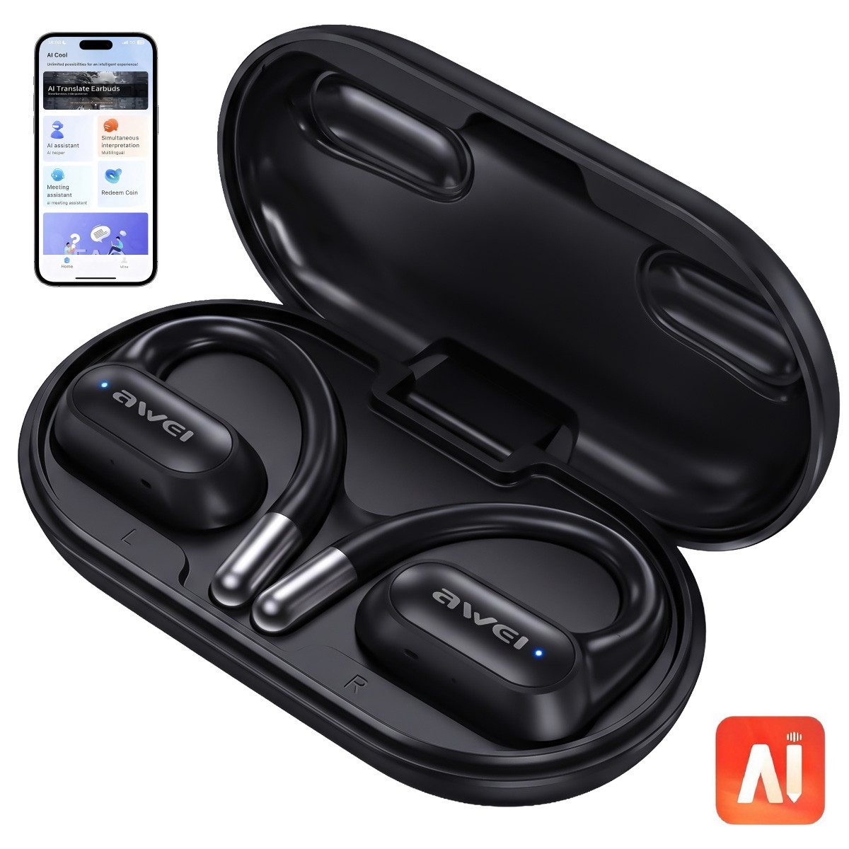 Vashoy Awei T93 Open-Ear-Kopfhörer,AI Übersetzungskopfhörer Bluetooth-Kopfhörer (Doppeltes ENC‑Mikrofon, Sprachübersetzer Kopfhörer, Reduzierung des Anrufrauschens und Intelligente Bassoptimierung, Touch-Steuerung, Bluetooth 6.0, IPX6, Kopfhörer mit Ohrhaken, 40h Akku, für Sport & Büro)