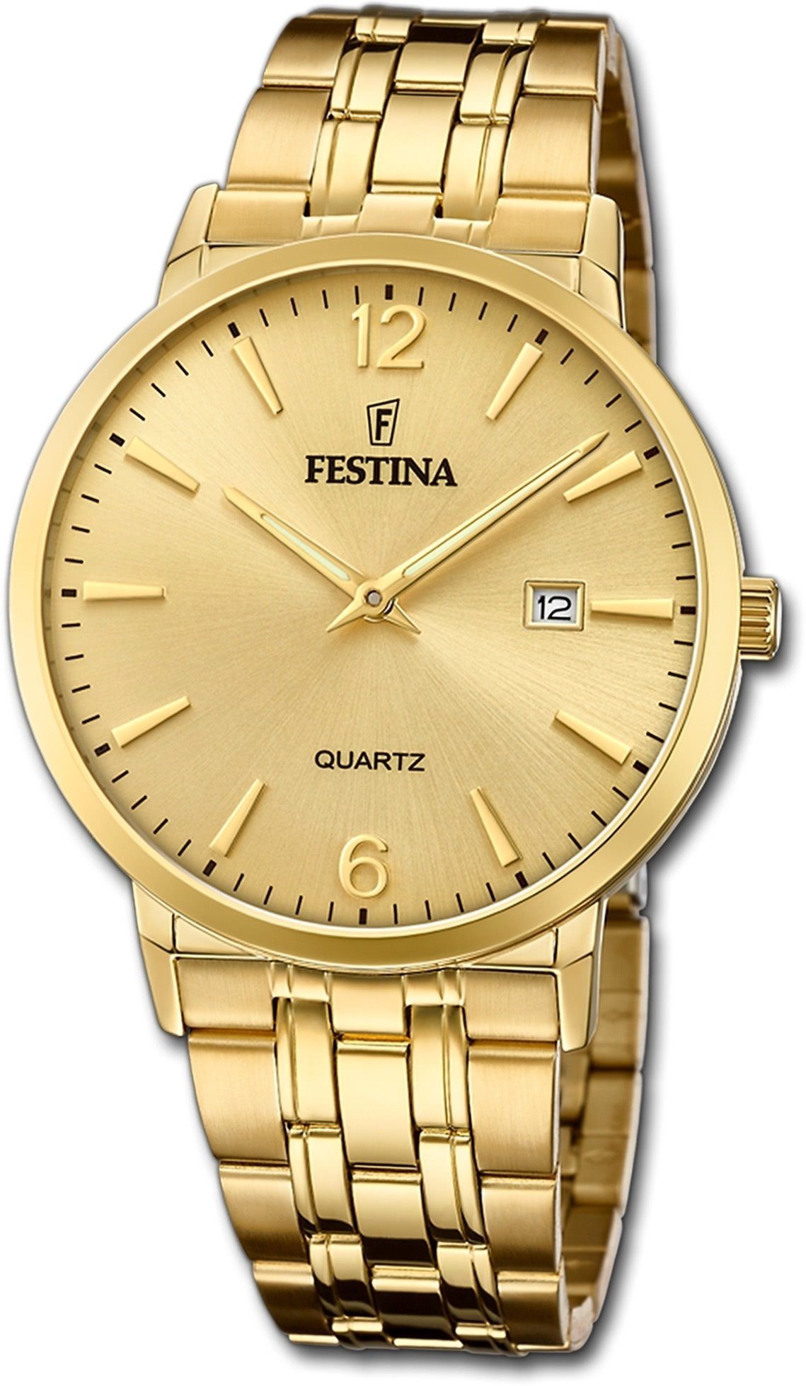 Festina Quarzuhr Festina Edelstahl Elegant Herren Uhr, Herrenuhr Edelstahlarmband gold, rund, groß (ca. 40,5mm)