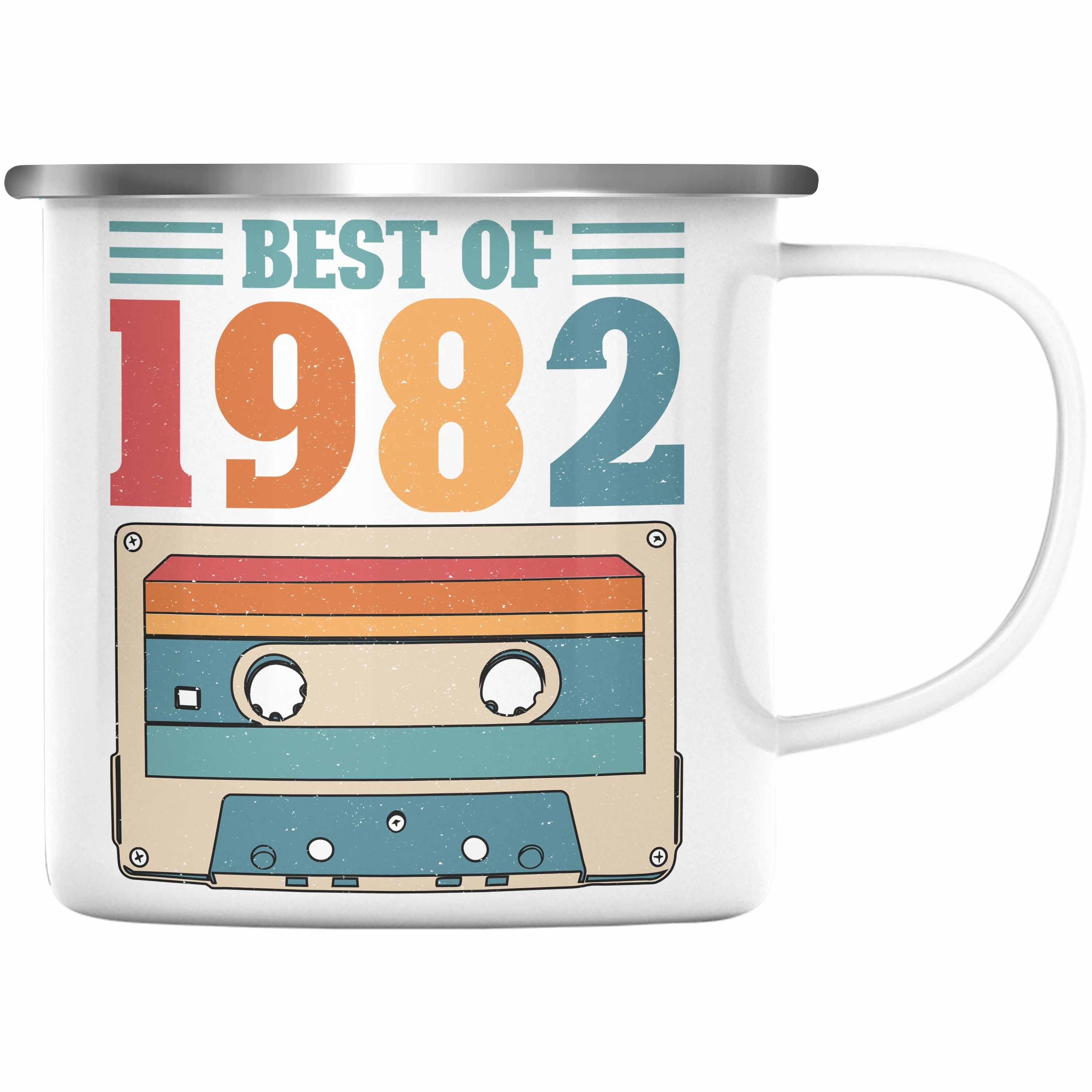 Trendation Thermotasse Trendation - 1982 Frau Alt 40er Geschenk Tasse Silber Emaille 40 Mann Geburtstag Geschenkidee Jahre Geburtstag