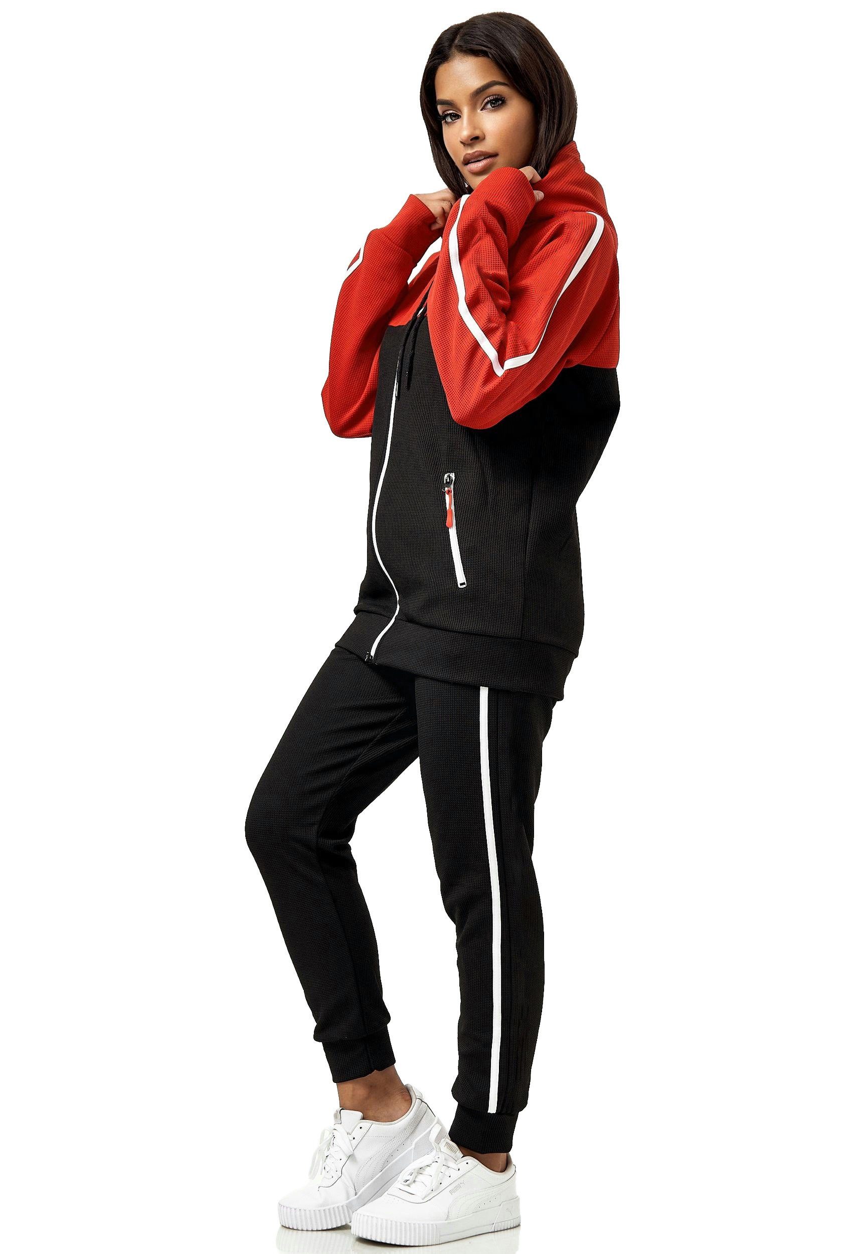L.gonline Freizeitanzug Damen Jogginganzug Freizeitanzug Sportlich 3750 (Kapuzenjacke mit Reißverschluss, Hose, 2-tlg), mit Streifen