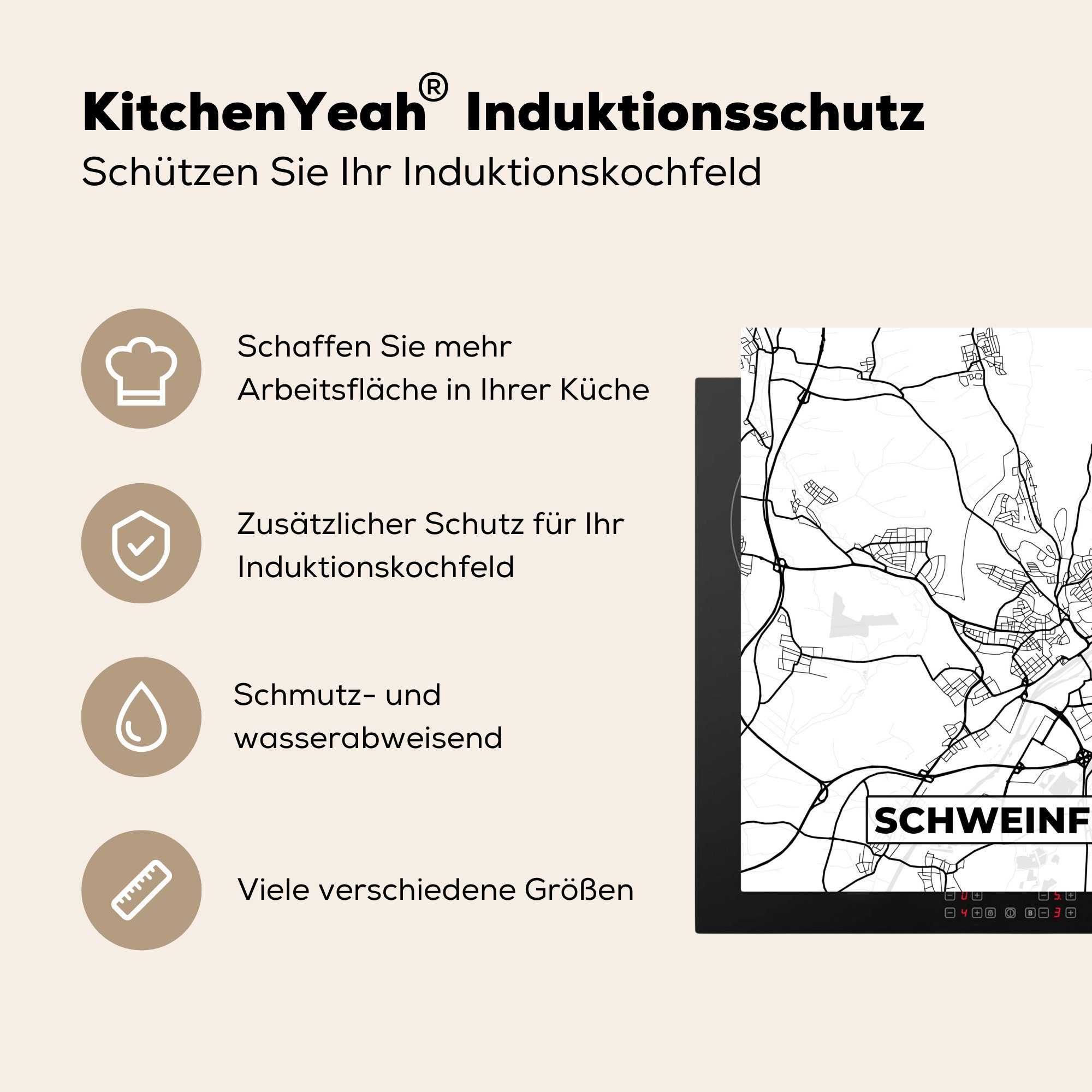 MuchoWow Herdblende-/Abdeckplatte Schweinfurt Karte, Vinyl, 78x78 Ceranfeldabdeckung, Arbeitsplatte Stadtplan küche (1 cm, - für - tlg)