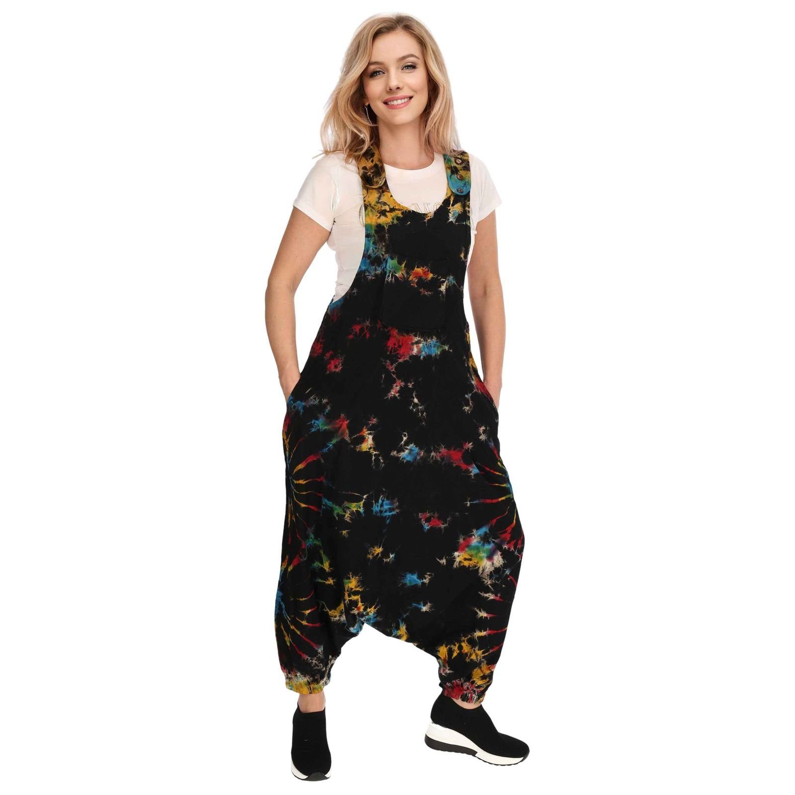 KUNST UND MAGIE Latzhose Tie Dye Batik Latzhose Haremshose Hose Psy 70er Boho Jumpsuit Bunt Mehrfarbig