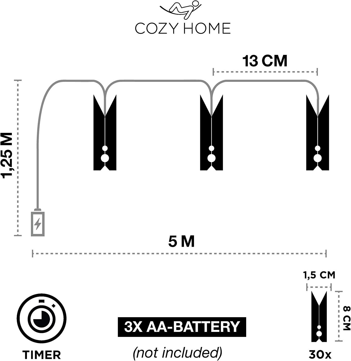 COZY HOME LED-Lichterkette Fotoclip Lichterkette - Batterie und Stecker, 30 Fotoclip LEDs I Timer-Funktion I 6 Meter I Warmweiße LED