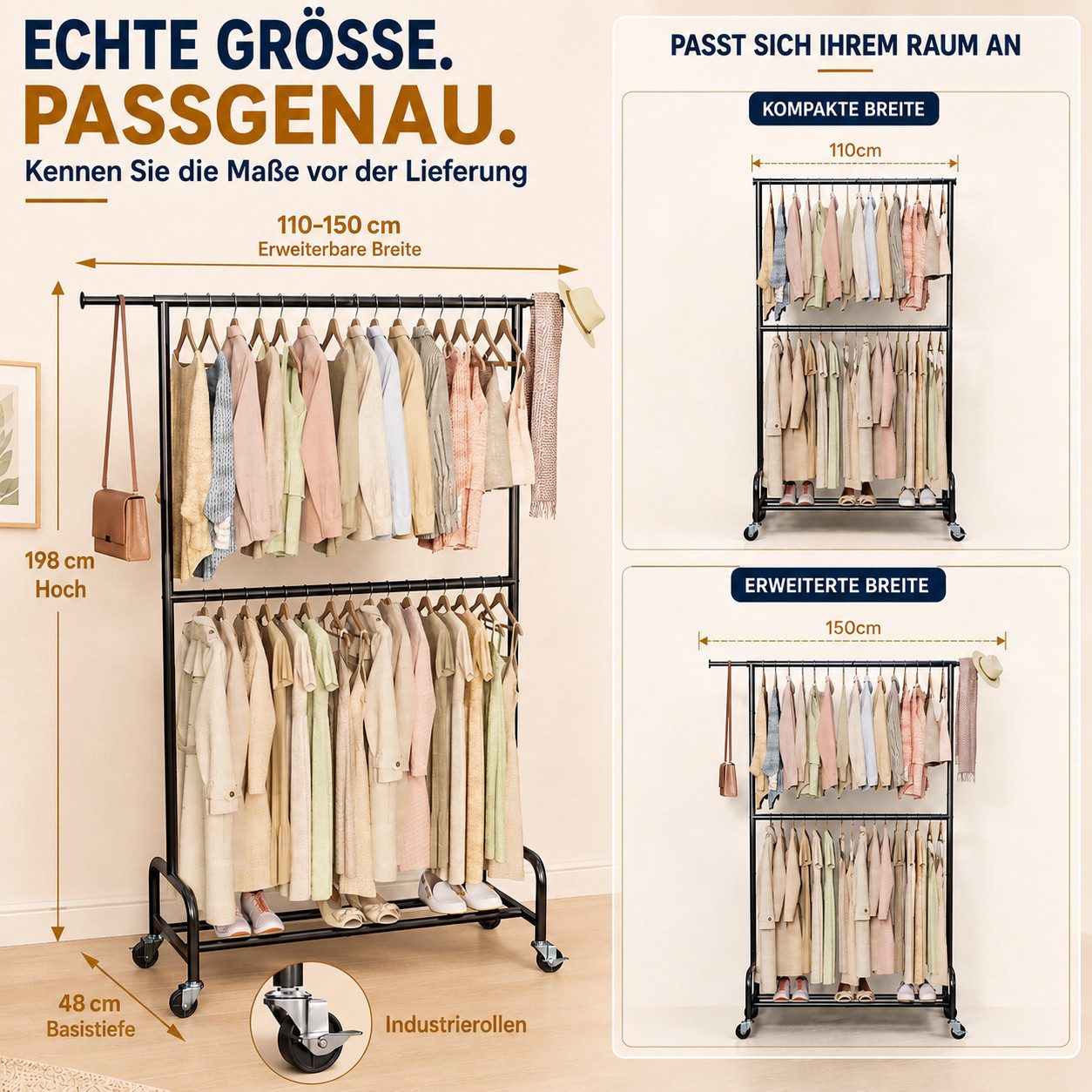 Yorbay Kleiderständer Schwerlast Garderobenständer auf Rollen,bis 210 kg Belastbar, (110/150*48*198cm), 110–150 cm verstellbar, 198 cm hoch, Doppel-Kleiderstang – Bild 3 von 5