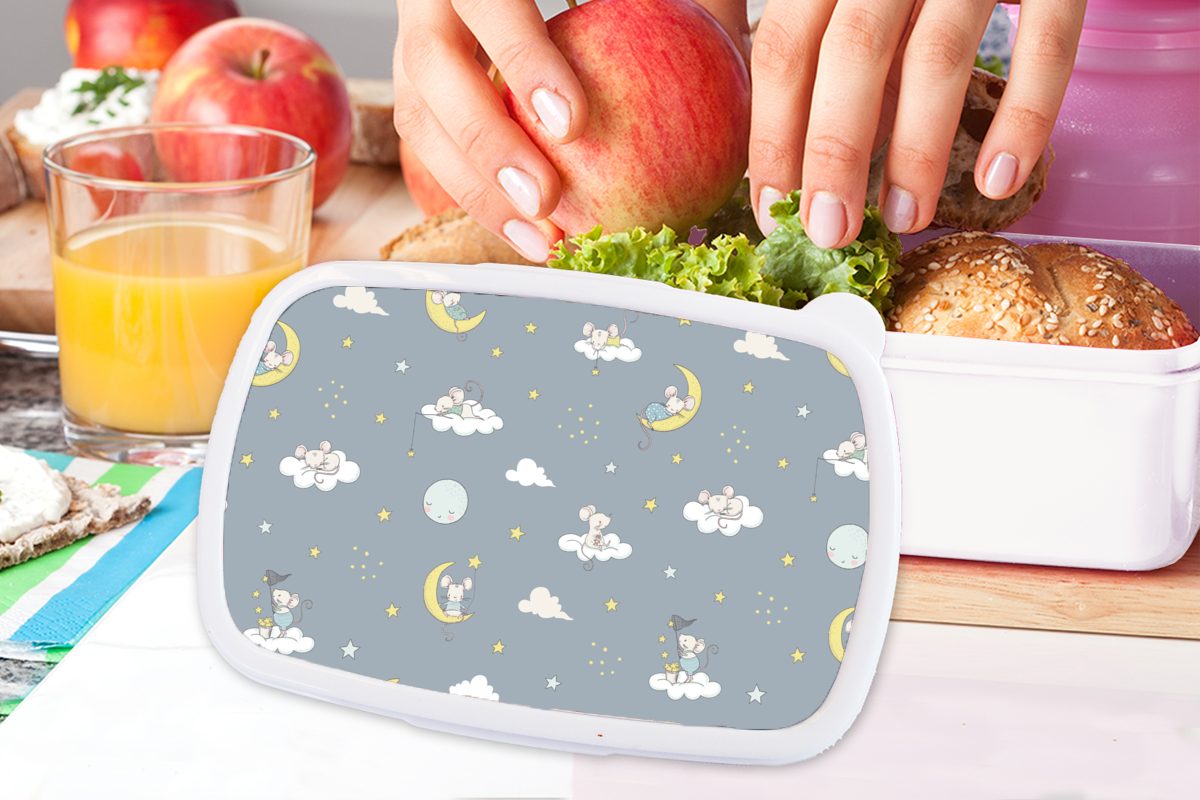 MuchoWow Lunchbox Maus - (2-tlg), Brotdose, - Erwachsene, und und Mond Kinder für weiß Jungs für Mädchen Brotbox Muster, Kunststoff