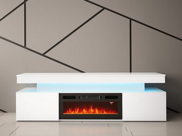 MIRJAN24 TV-Schrank EF 2D Glossa mit Kamin (mit zwei Drehtüren) mit blauer LED-Beleuchtung, Realistische LED-Flamme