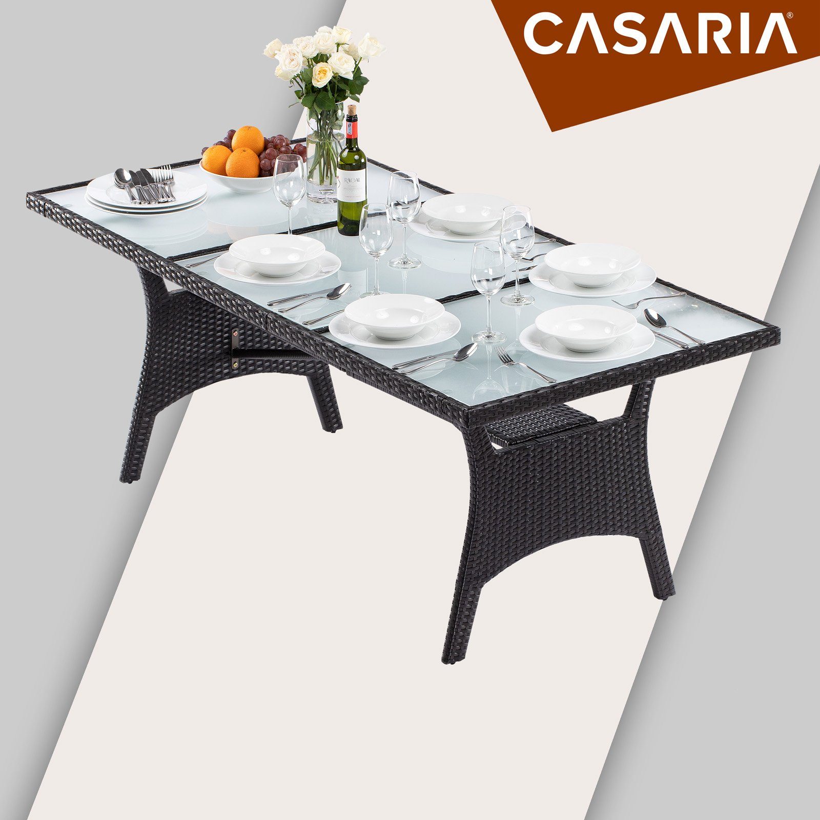 Casaria Gartentisch mit Braun Glasplatte Sicherheits (1-St), 190x90x74cm Polyrattan Ablage