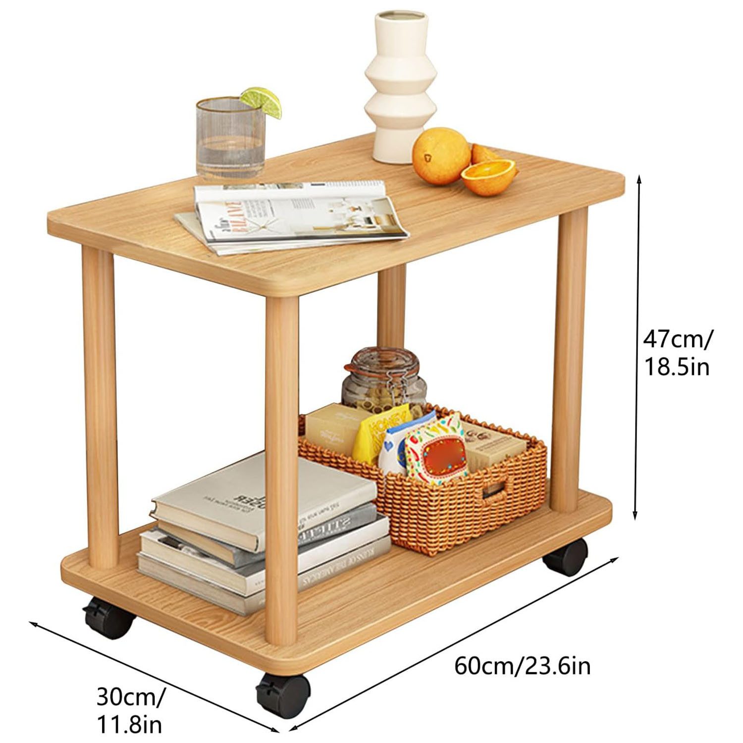 SURFOU Beistelltisch Holz mit Rollen Schmaler Nachttisch mit 2 Ebenen (Kleine Nachttische Couchtisch Teetisch Sofatisch 360° Drehung), für Wohnzimmer Schlafzimmer Balkon 60*40*53cm