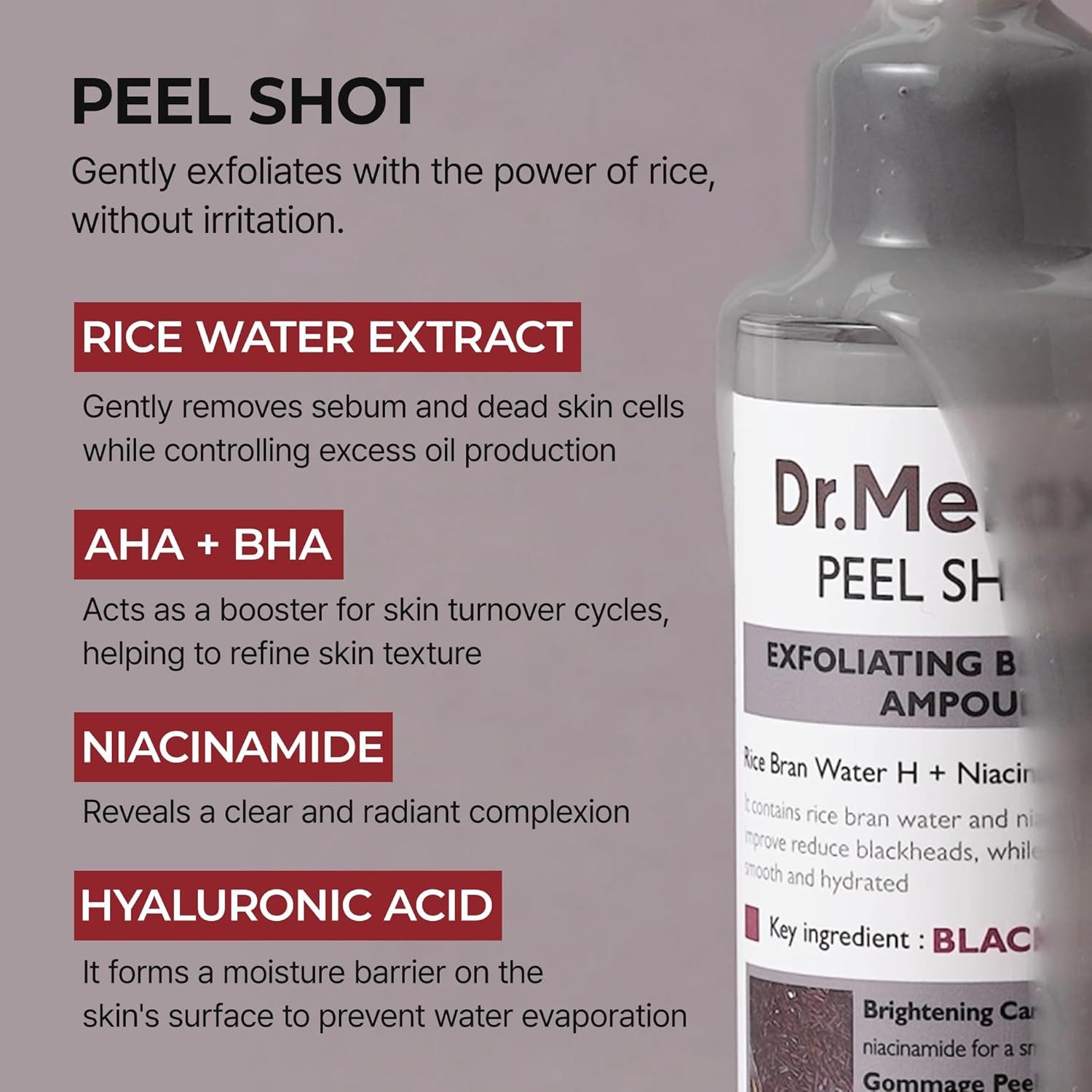 Dr.Melaxin Gesichtsserum Peel Shot Exfoliating Black Rice Ampoule 80 ml – weiches Peeling für Gesicht & Körper, entfernt abgestorbene Hautzellen, Porenpflege, mit AHA BHA PHA, Black Rice Ampoule für alle Hauttypen
