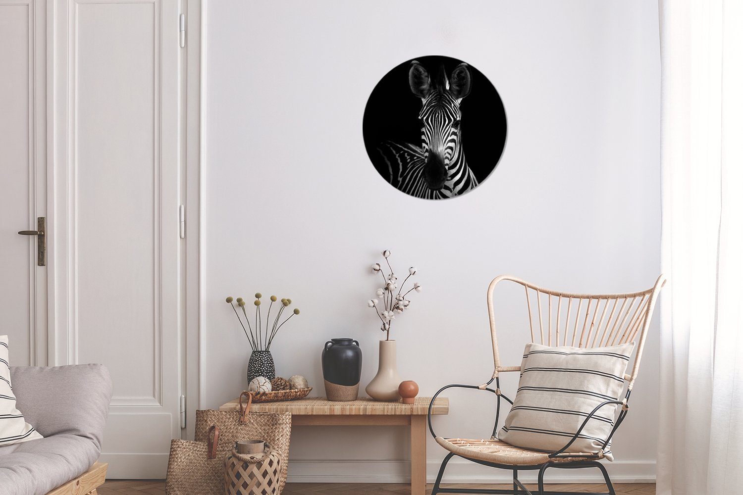MuchoWow Gemälde Zebra - Schwarz - cm Rundes 30x30 - Kreis Tiere, Wohnzimmer, (1 Wandbild, Wanddekoration Forex, Weiß St)