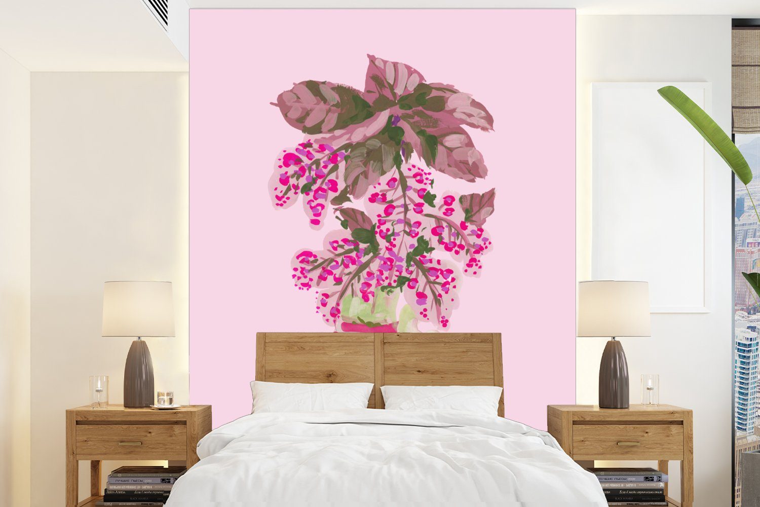 MuchoWow Fototapete Blumen - Vase - Rosa - Pflanzen, Matt, bedruckt, (4 St), Montagefertig Vinyl Tapete für Wohnzimmer, Wandtapete