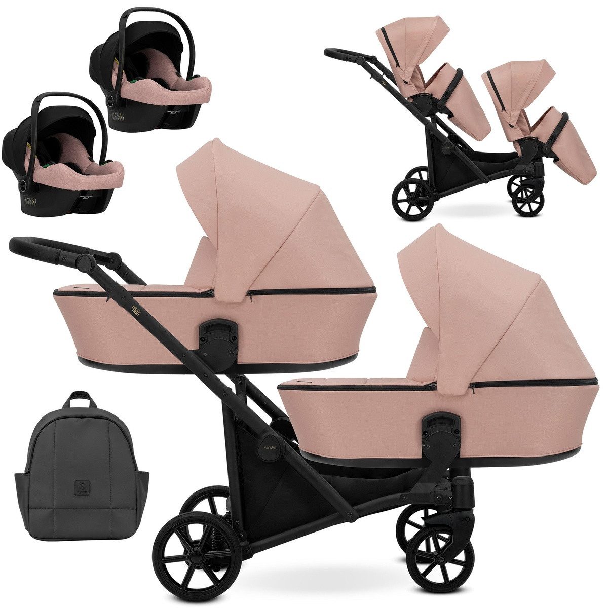 KUNERT Zwillings-Kombikinderwagen BRAV DUO 3 in 1 Doppelkinderwagen mit 2x Cosmo Babyschalen, 12 Konfigurationen, leichter Aluminiumrahmen, große Ablagefächer