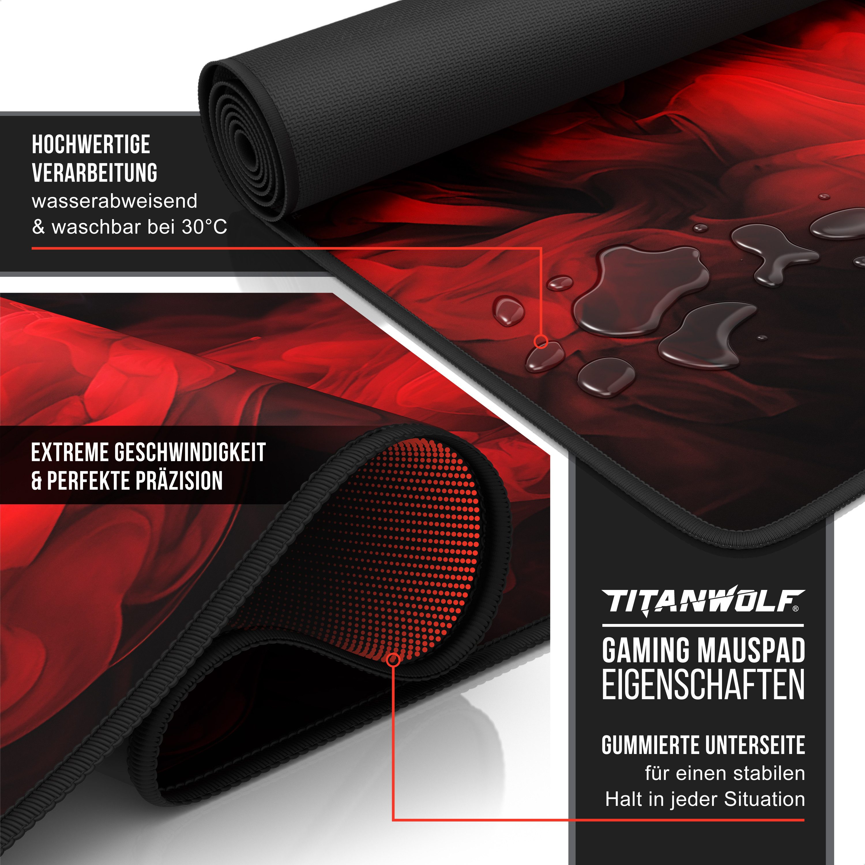 Titanwolf Gaming Mauspad XXL Speed Mousepad 900 x 400 x 3 mm, Schreibtischauflage, abwaschbar, rutschfeste Rückseite, Geschwindigkeit & Präzision, Red Smoke