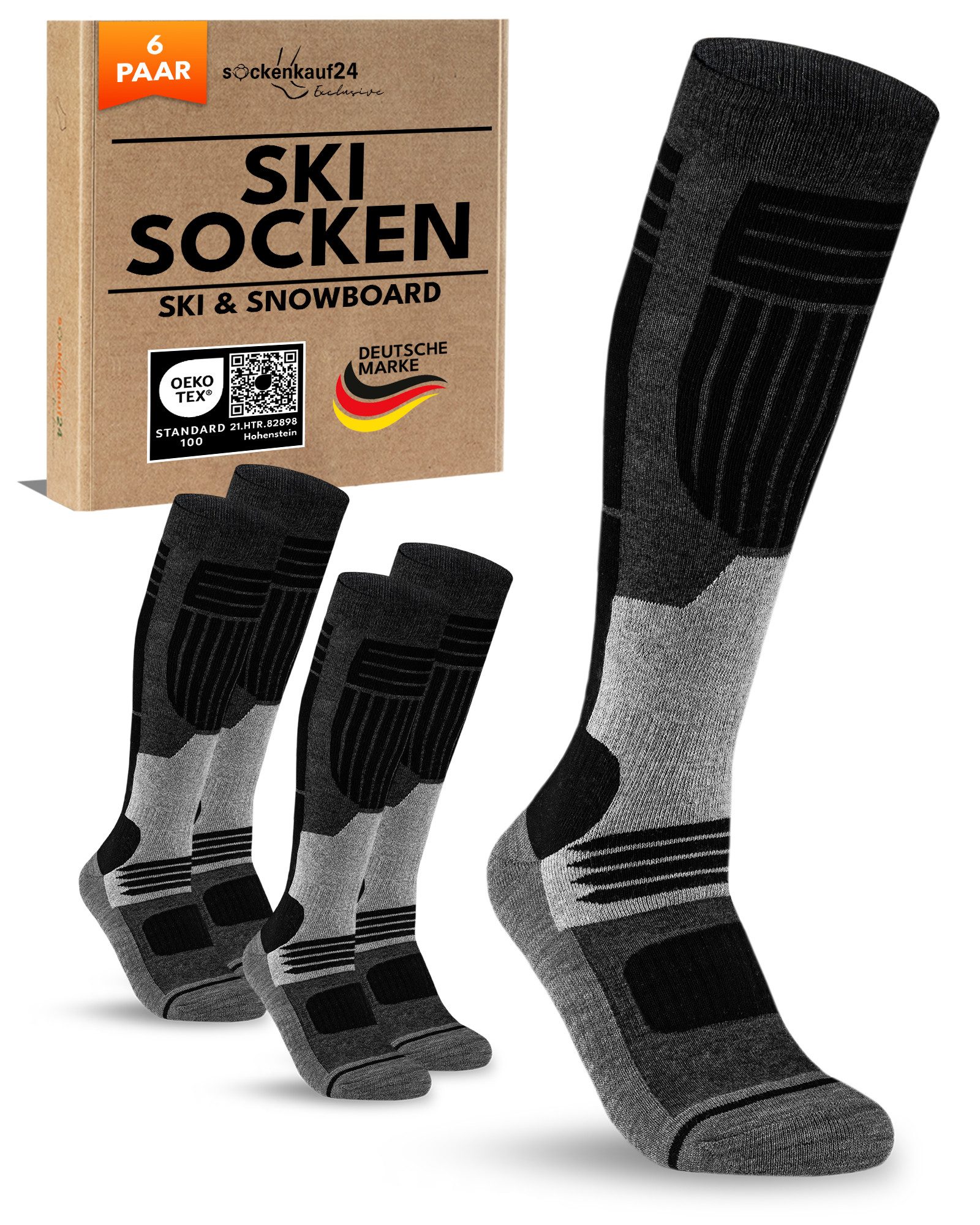 sockenkauf24 Skisocken Merino Herren 2 Paar Ski Kniestrümpfe Merinowolle (6-Paar) atmungsaktive Skisocken mit verstärkten Belastungszonen