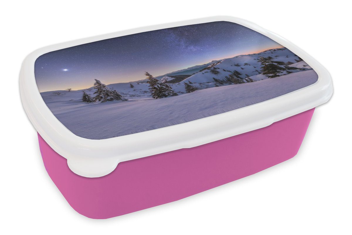 MuchoWow Lunchbox Winter - Schnee - Nacht - Bäume, Kunststoff, (2-tlg), Brotbox für Erwachsene, Brotdose Kinder, Snackbox, Mädchen, Kunststoff rosa