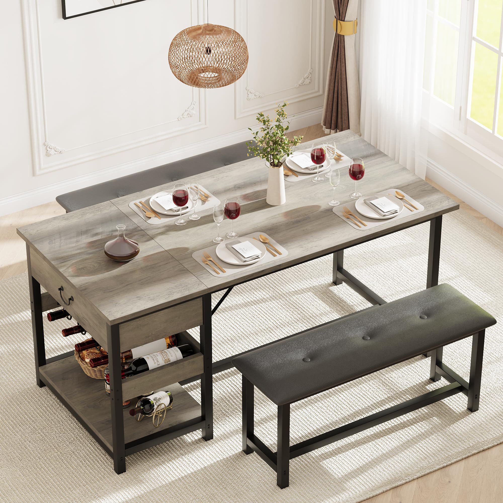 GarveeMore Essgruppe Esstisch mit 2 Bänken für 4 Personen mit Schubladen und Weinregal, Küchentisch 70.1 x 150.1 x 75.4 cm, 2 Bänke je 30.5 x 104.1 x 47.0 cm
