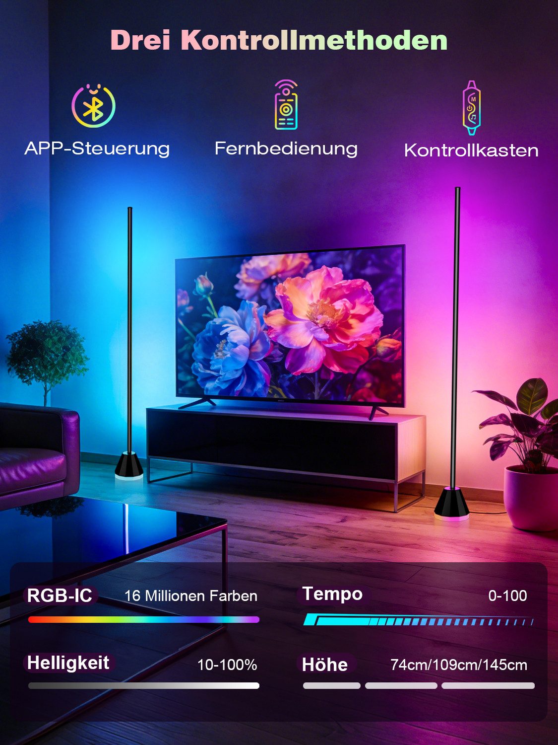 Lujasi LED Stehlampe RGBIC LED Stehlampe Wohnzimmer, dimmbar mit Fernbedienung & App, Timing -Funktion, LED fest integriert, warmes Licht, kaltes Licht, natürli – Bild 4 von 5
