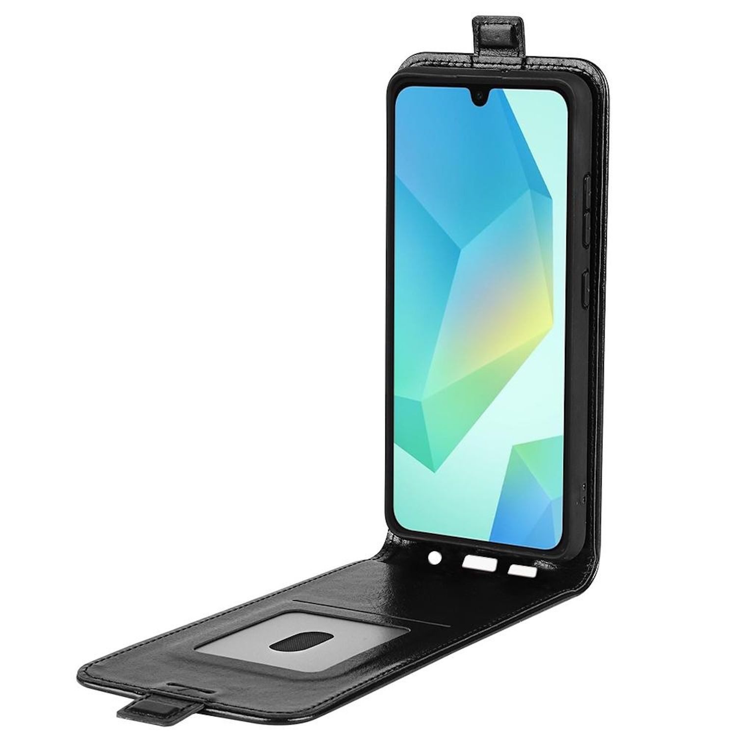 Wigento Handyhülle Für Samsung Galaxy A17 5G / 4G Kunstleder Flip Schutz Hülle Schwarz, Vertikales Flip Kunst-Leder Handyhülle mit Kartenfach