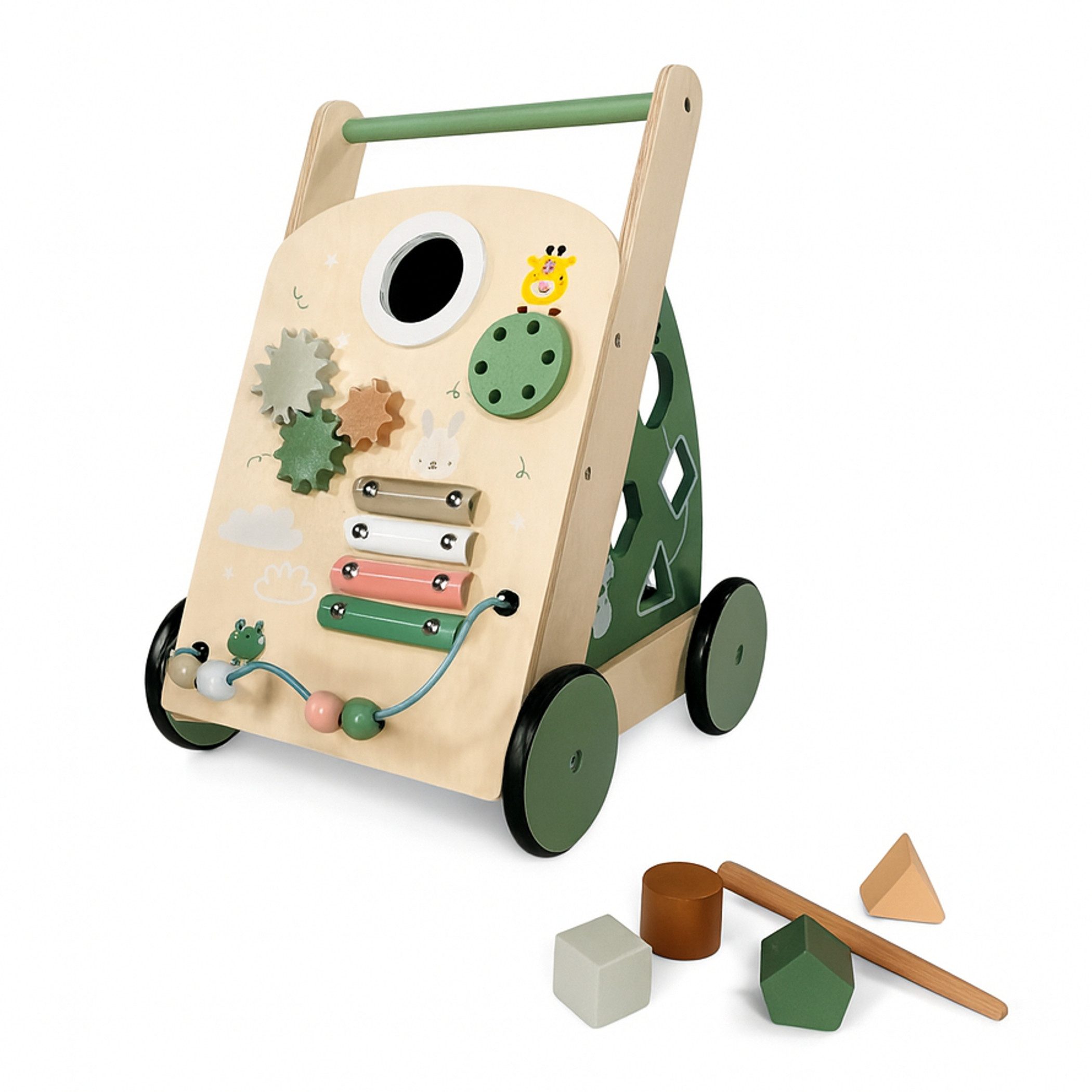 Lemodo Babywalker Lauflernwagen aus Holz mit Activity-Board, leise Räder, ab 1 Jahr, aus Holz mit 7 Spielmöglichkeiten