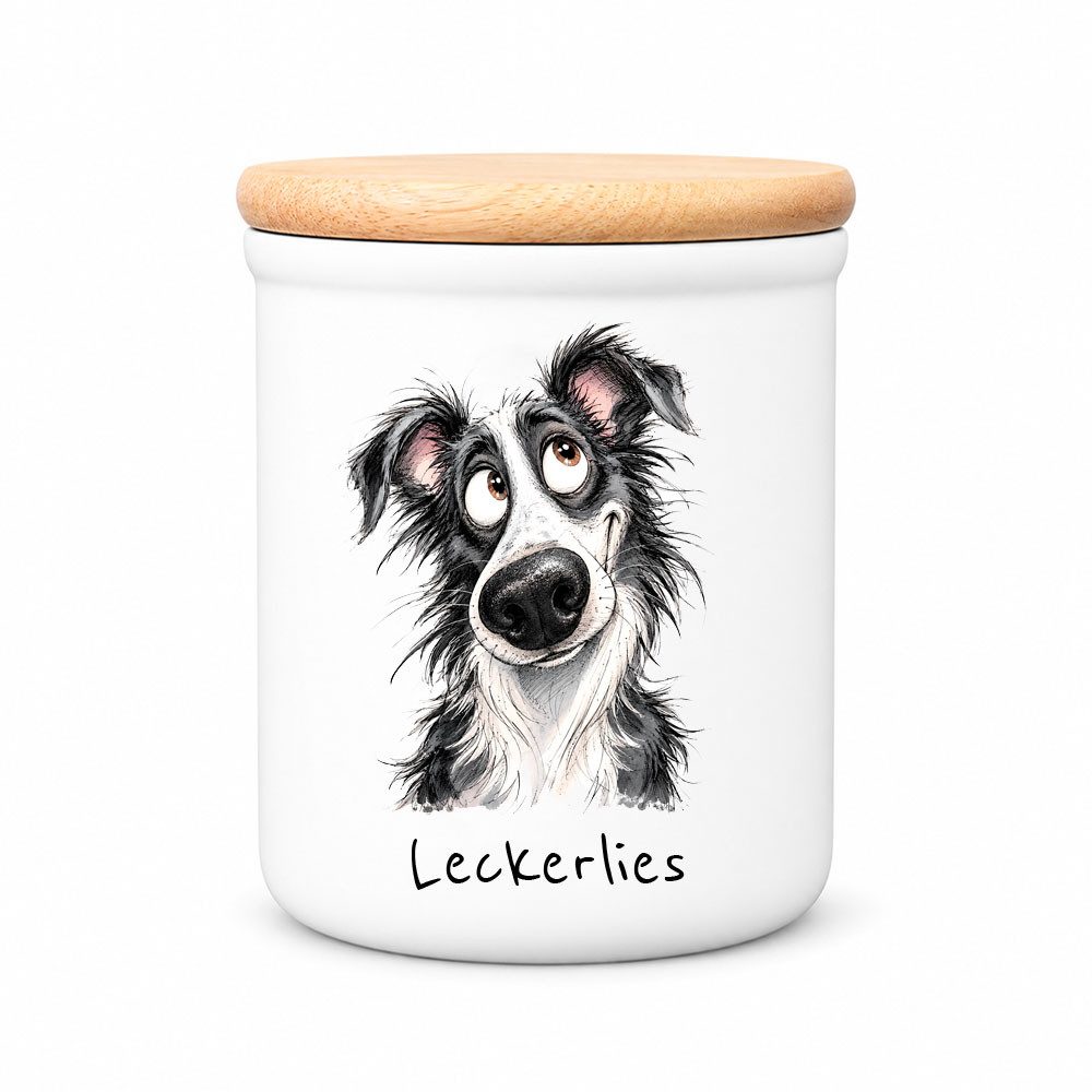 Cadouri Vorratsdose BORDER COLLIE - Leckerlidose Hund - für Hundekekse, Keramik, (Hundekeksdose, handgefertigt in Deutschland, für Hundebesitzer, 400 ml, 2-tlg., 1x Keramikdose mit Holzdeckel), Hundekeksdose, handgefertigt in Deutschland, für Hundebesitzer, 400 ml