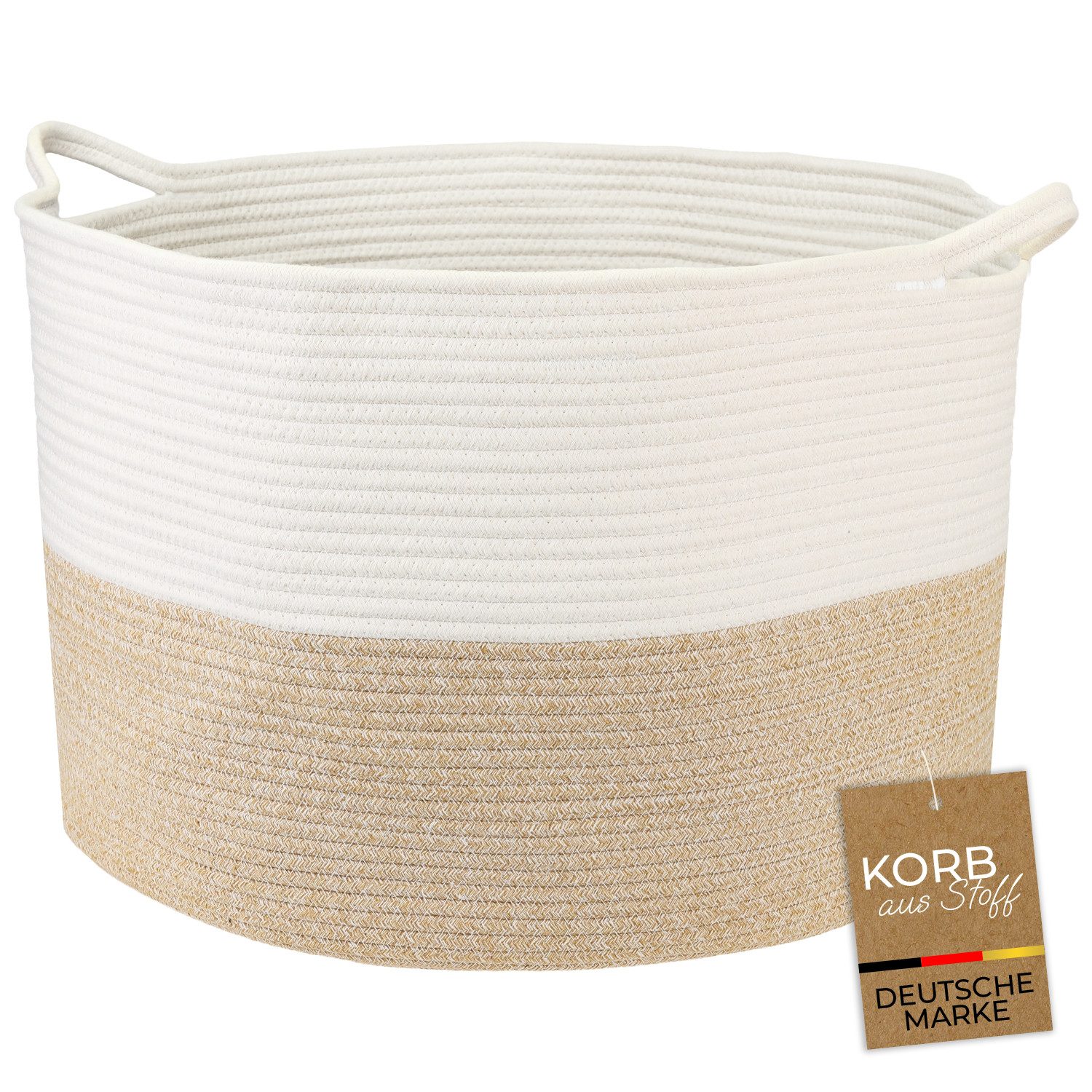 HMF Aufbewahrungskorb XXL Wäschekorb aus Baumwolle, runder Aufbewahrungskorb mit Griffen, 55 x 35 cm, Weiß-Braun