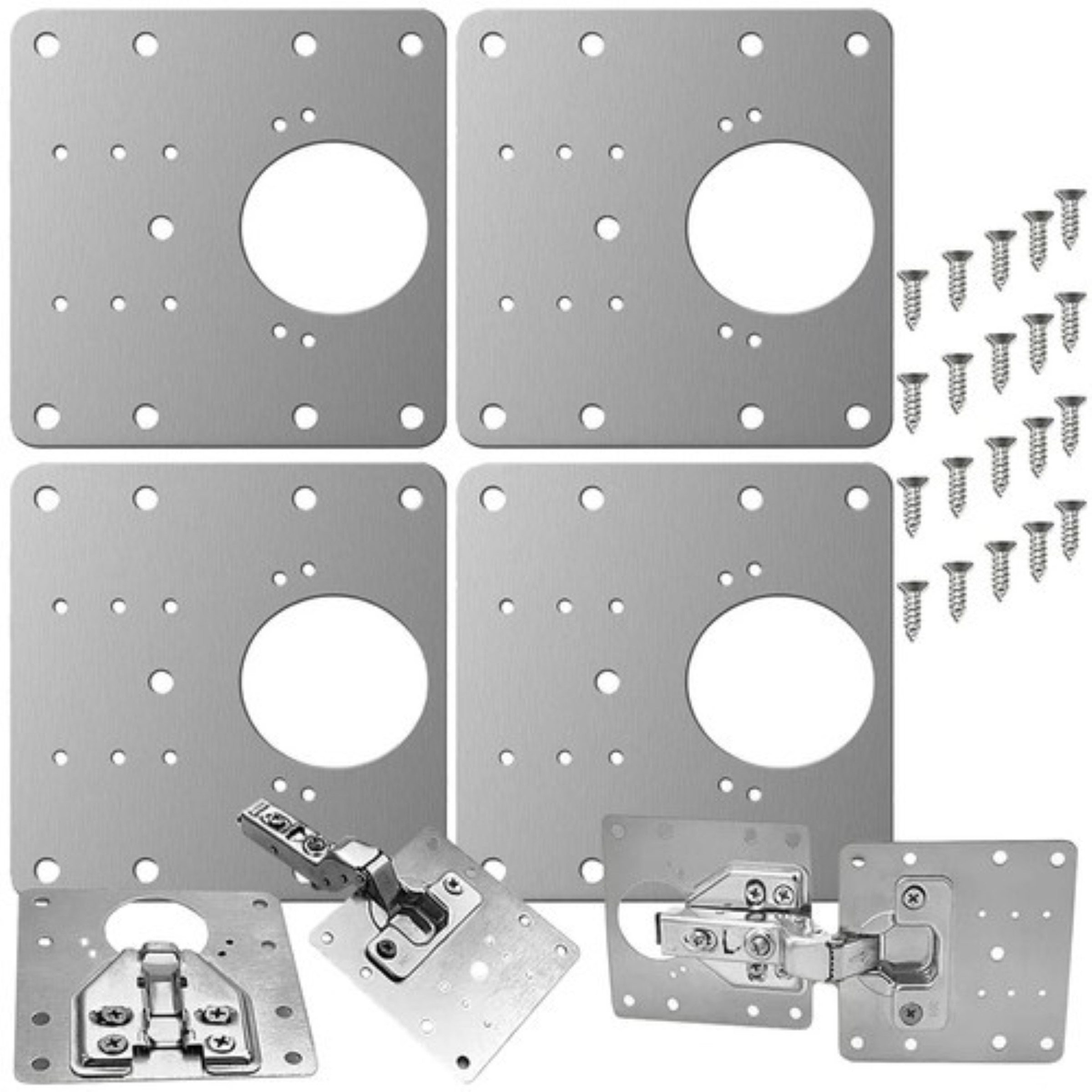 MALATEC Reparatur-Set Reparaturplatten Set für Möbelscharniere aus Metall 4 Stück, Möbelreparatur Set für Scharniere mit Metallplatten und Schrauben, 28-St., 4x Reparaturplatten aus Metall mit Schrauben zur Scharnierbefestigung, Metall-Reparaturplatten universell für links- und rechtsschlagend