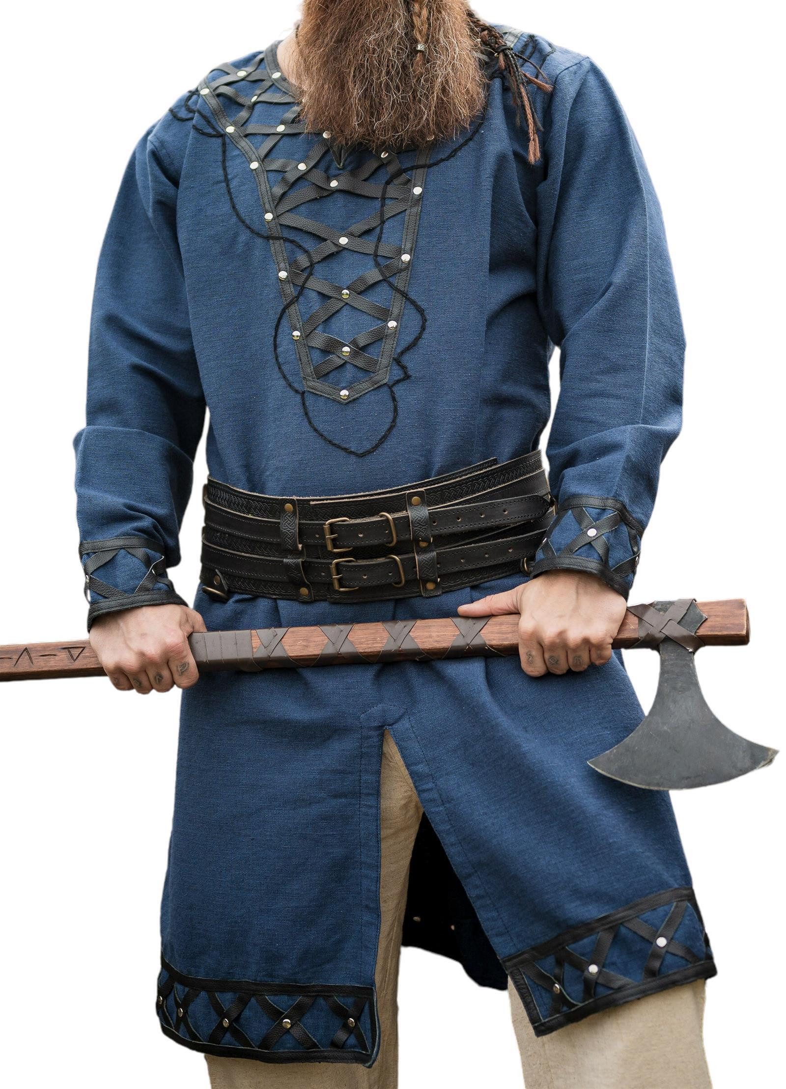 Leonardo Carbone Wikinger-Kostüm Tunika "Erik" mit Lederapplikationen, Nietenverzierung, raffinierter V-Ausschnitt