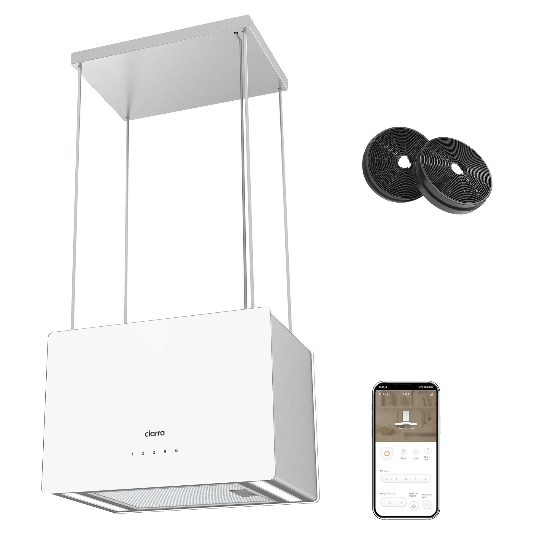 CIARRA Inselhaube 48 cm A+++ 700 m³/h hohe Saugleistung WIFI-APP Touch Control CBCS4850 48 cm A+++ 700 m³/h hohe Saugleistung WIFI-APP Touch Control CBCS4850, Leise Dunstabzugshaube freihängend Umluft Inkl. BOOST 4 Stufen mit LED