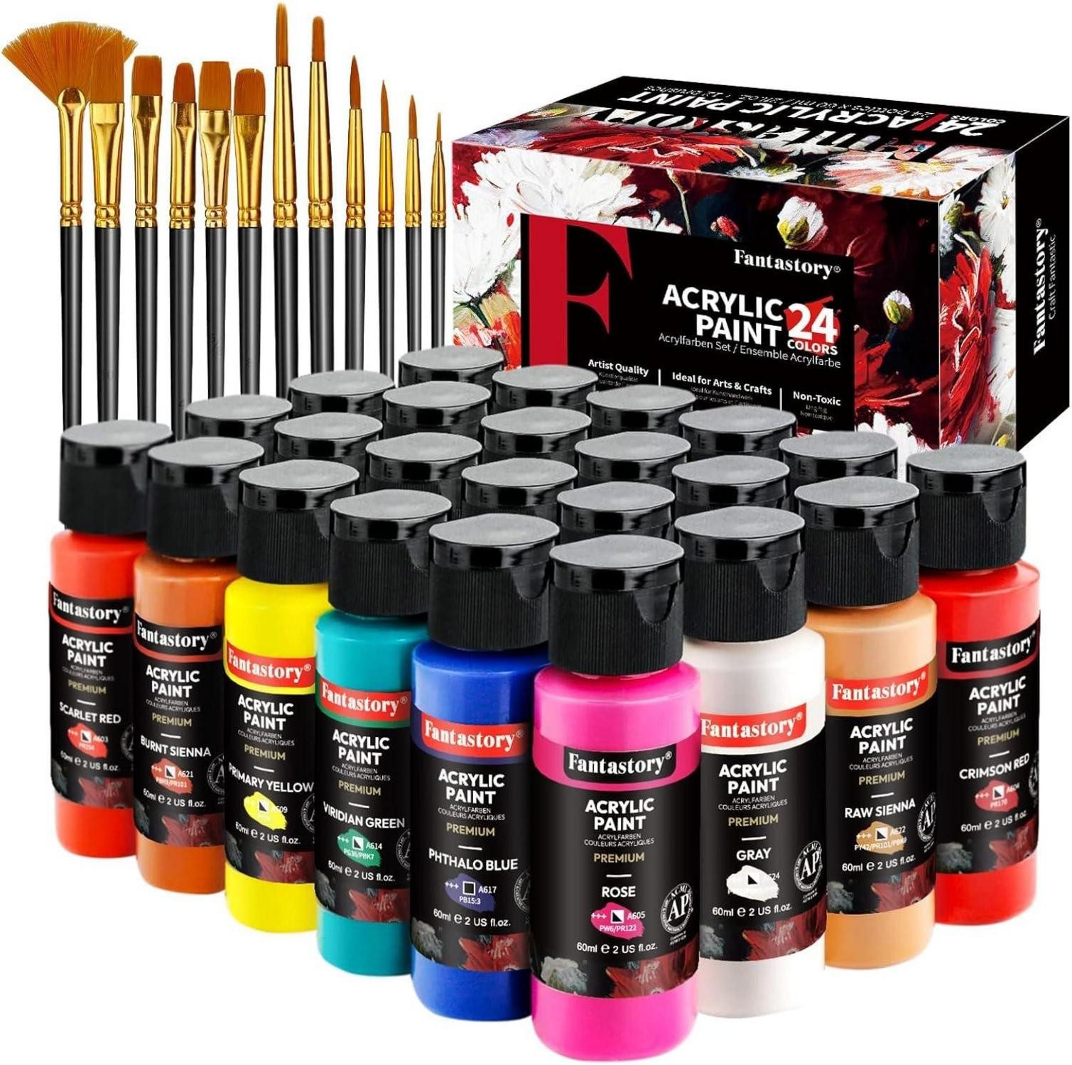 Fantastory Künstlerstift Fantastory Acrylfarben Set 24 Farben 60ml +12 Pinseln für Leinwand
