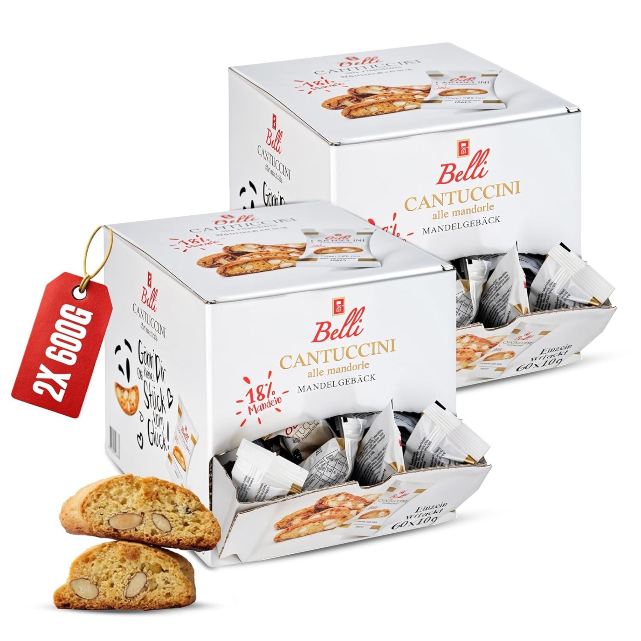 Belli Cantuccini Kekse Belli Cantuccini Mandelgebäck 2x 600g mit 18% Mandel-Anteil, 2 x 600 g, (60 Kekse pro Box, einzeln verpackt)