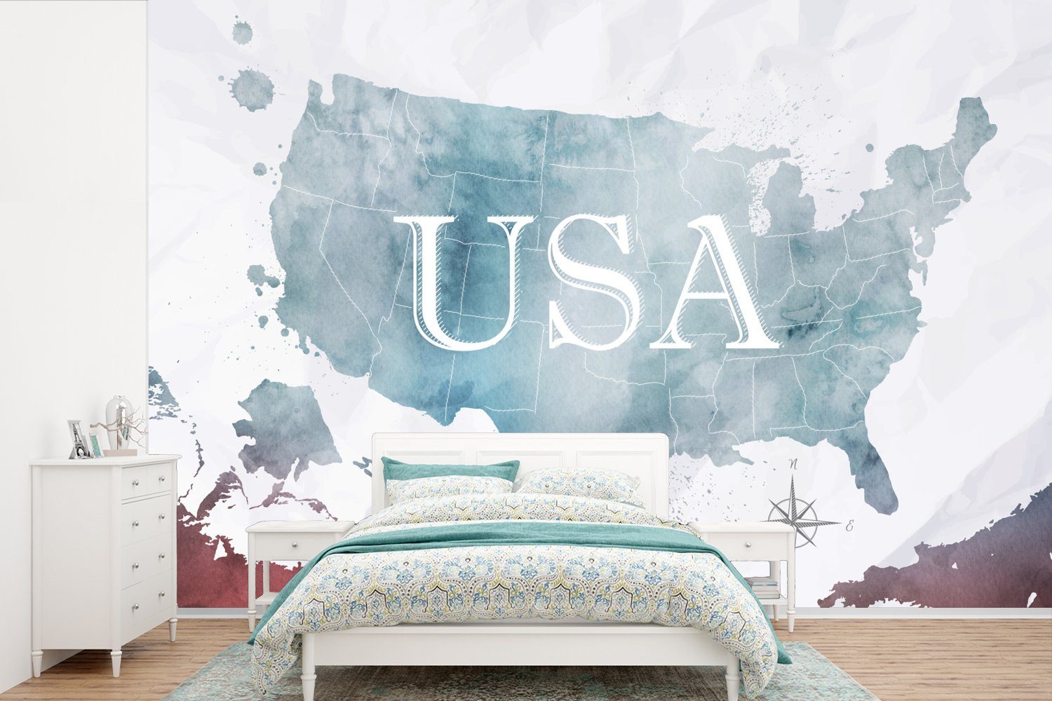 MuchoWow Fototapete Weltkarte - Vereinigte Staaten - Ölfarbe, Matt, bedruckt, (6 St), Wallpaper für Wohnzimmer, Schlafzimmer, Kinderzimmer, Vinyl Tapete