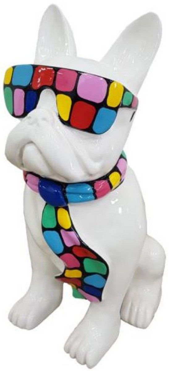 Casa Padrino Skulptur Luxus Deko Skulptur Hund Bulldogge Weiß / Mehrfarbig H. 120 cm - Große Deko Figur - XXL Deko Skulptur - XXL Deko Figur - Wohnzimmer Deko - Garten Deko - Luxus Deko XXL Figuren