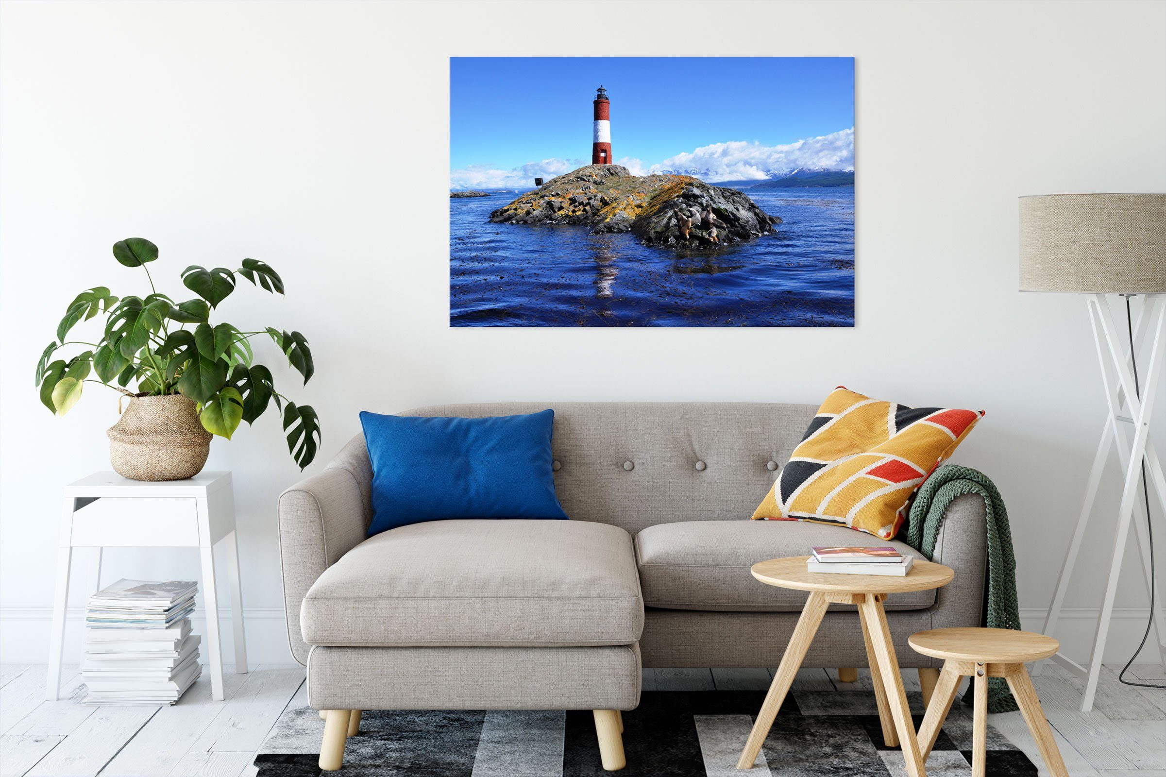 Leinwandbild bespannt, Leinwandbild Robben, Leuchtturm Pixxprint Leuchtturm Robben (1 St), inkl. Zackenaufhänger mit fertig mit